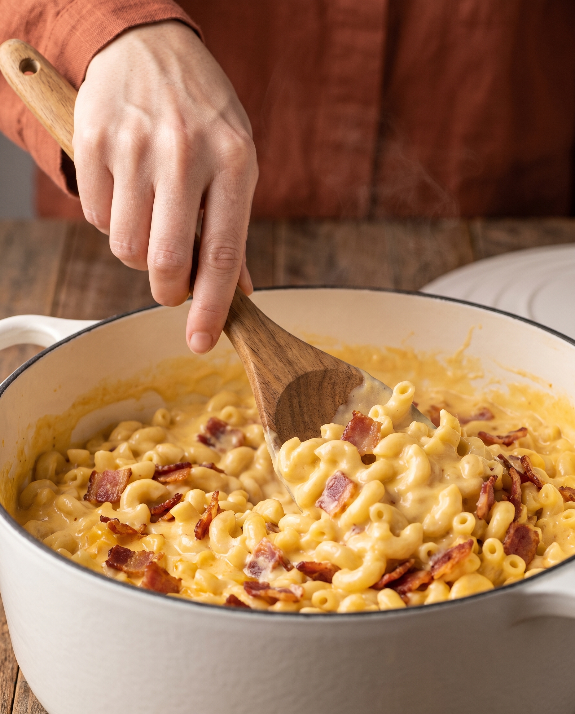 Stirring creamy cheddar bacon mac and cheese in a white pot