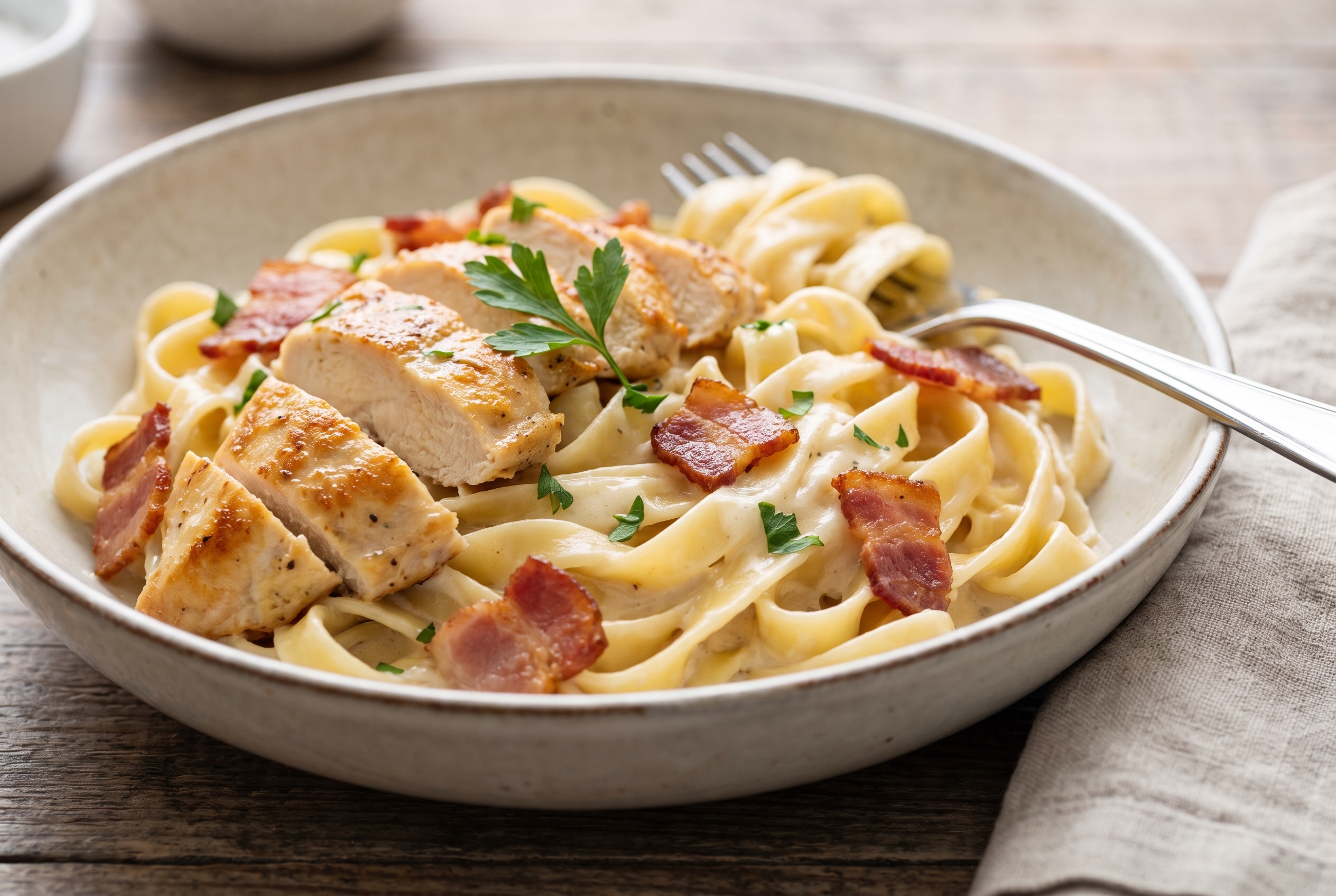 Creamy chicken bacon alfredo fettuccine pasta in a ceramic bowl