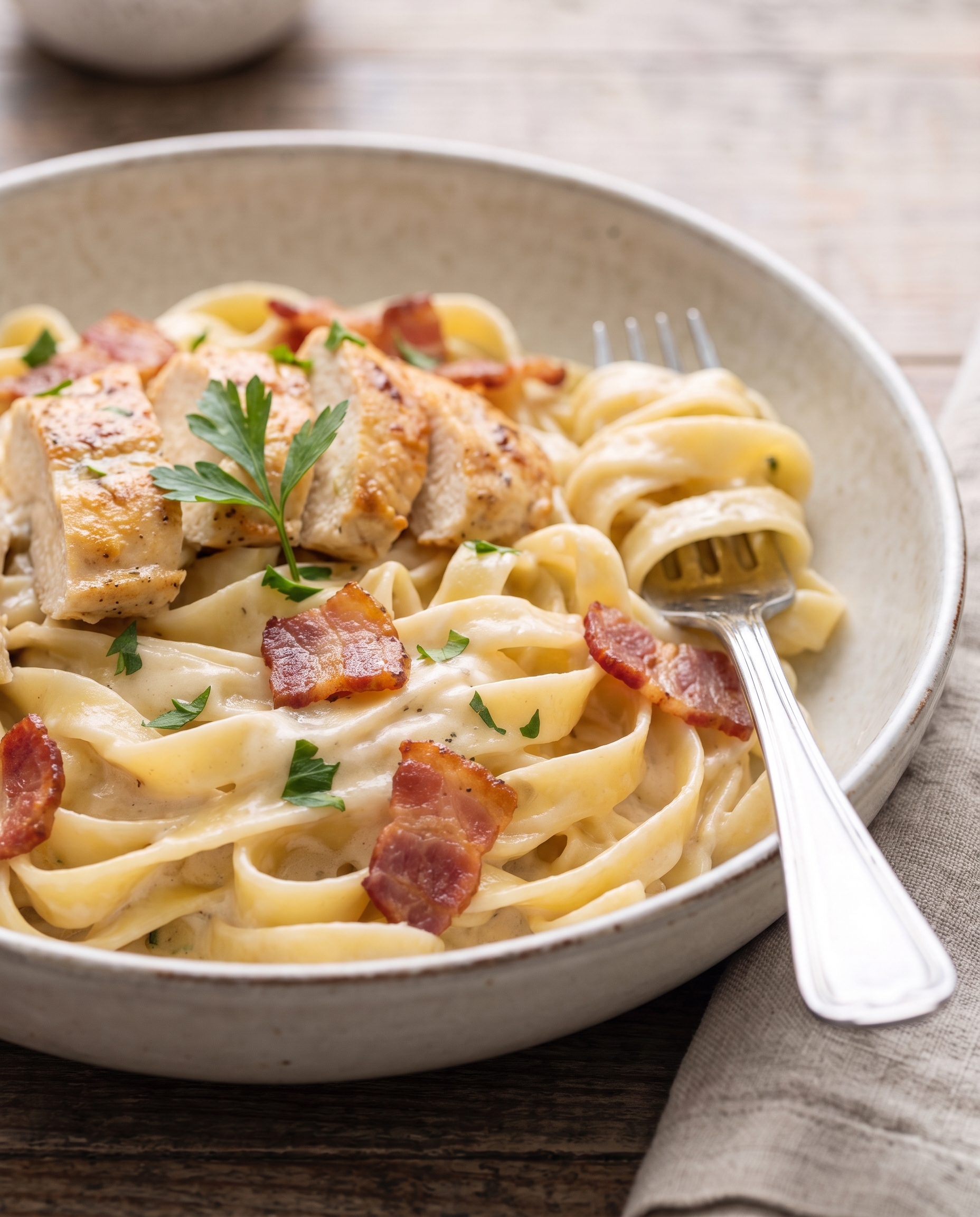 Creamy chicken bacon alfredo pasta in a rustic ceramic bowl from a low side angle