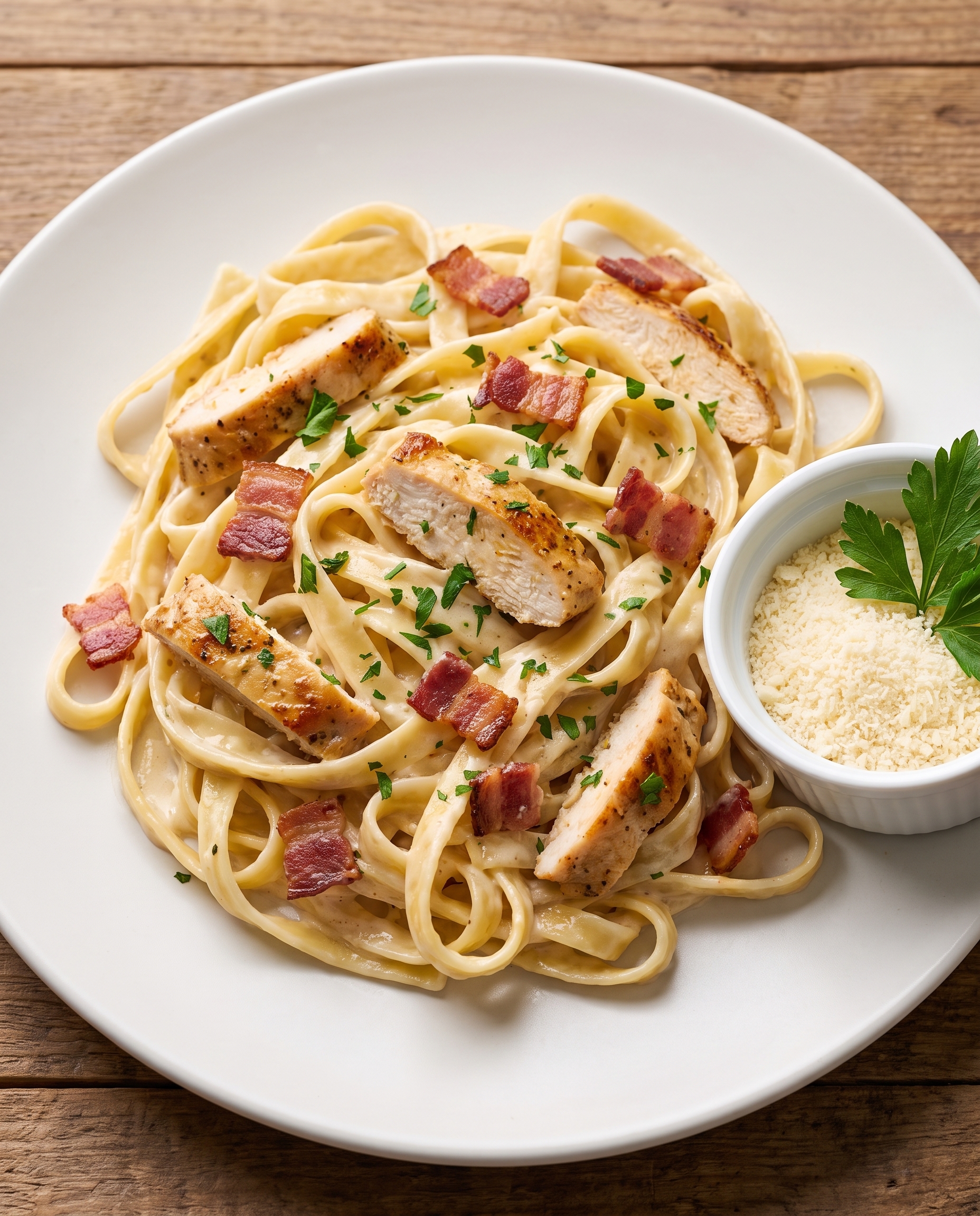 Creamy chicken bacon alfredo pasta on a white plate from a high 45-degree angle