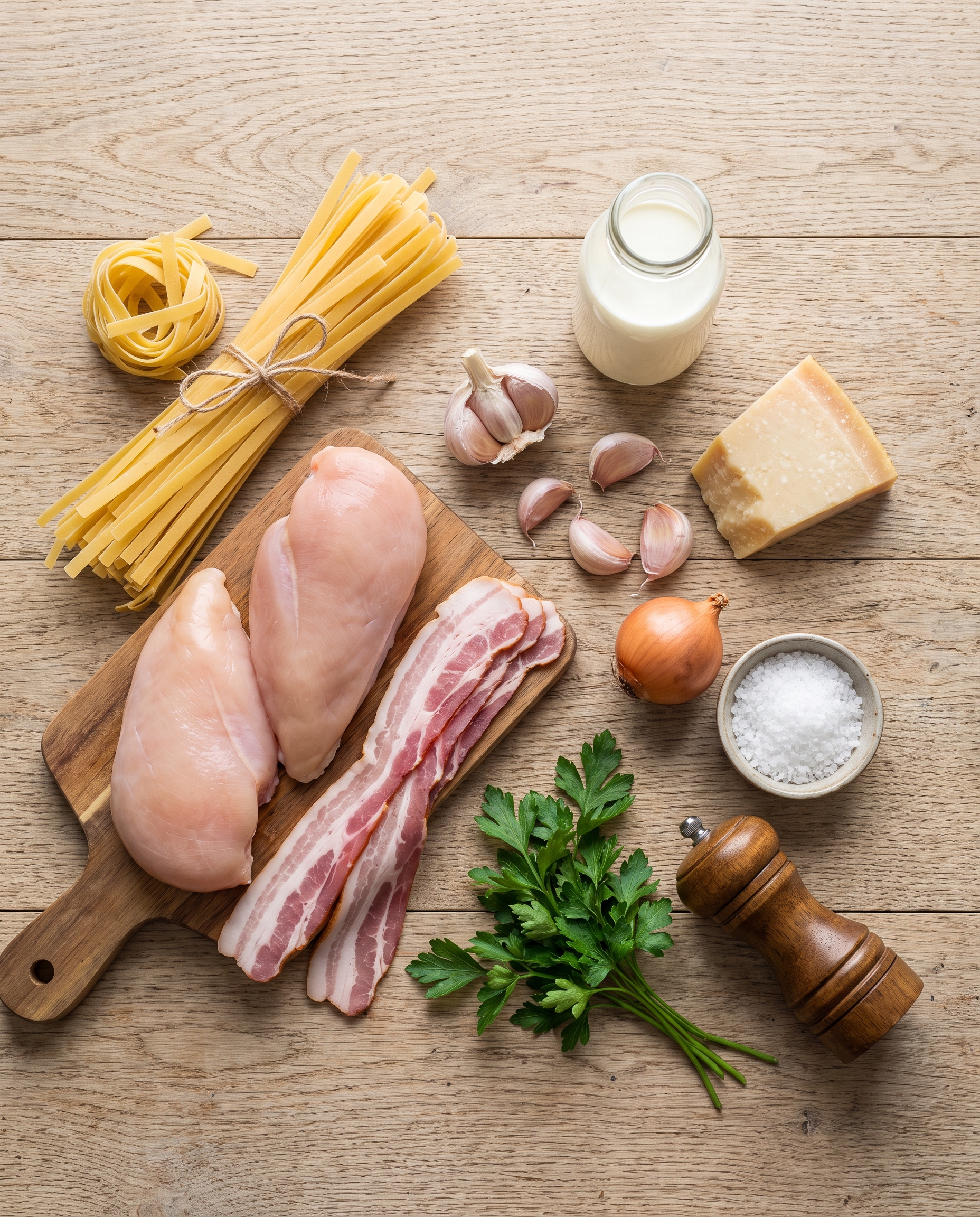 Ingredients for creamy chicken bacon alfredo arranged on a wooden table
