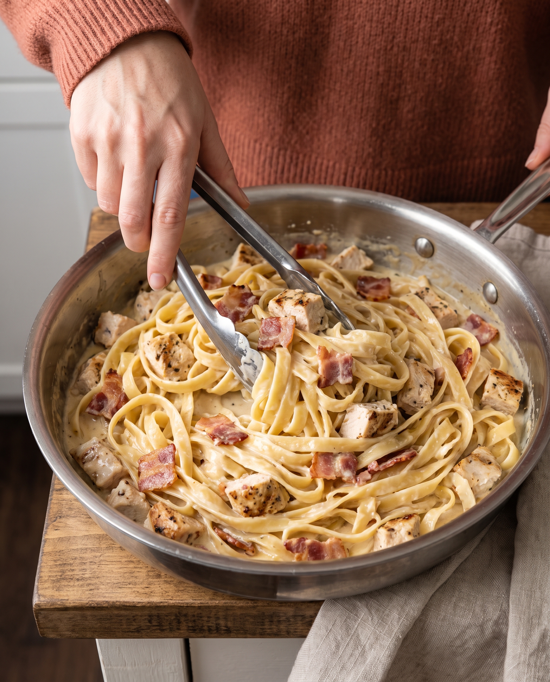 Hand tossing creamy chicken bacon alfredo pasta in a stainless steel skillet