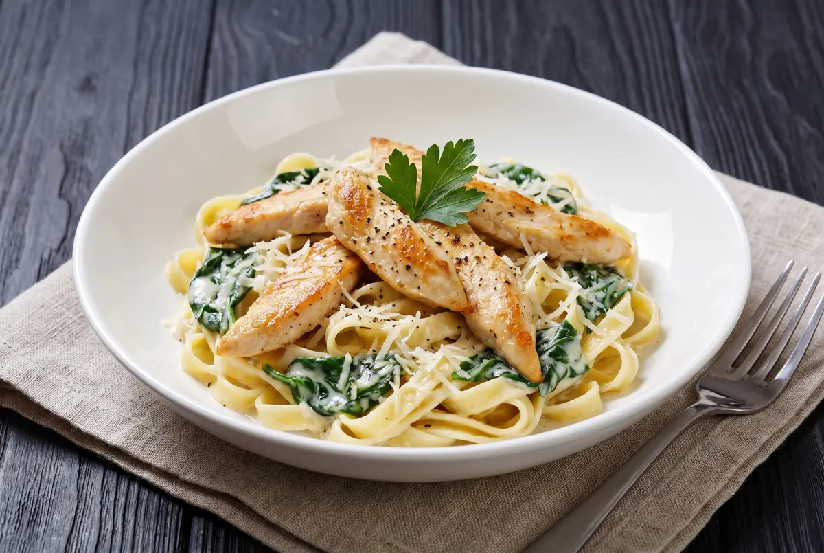 Creamy Chicken Florentine Pasta served in a white bowl