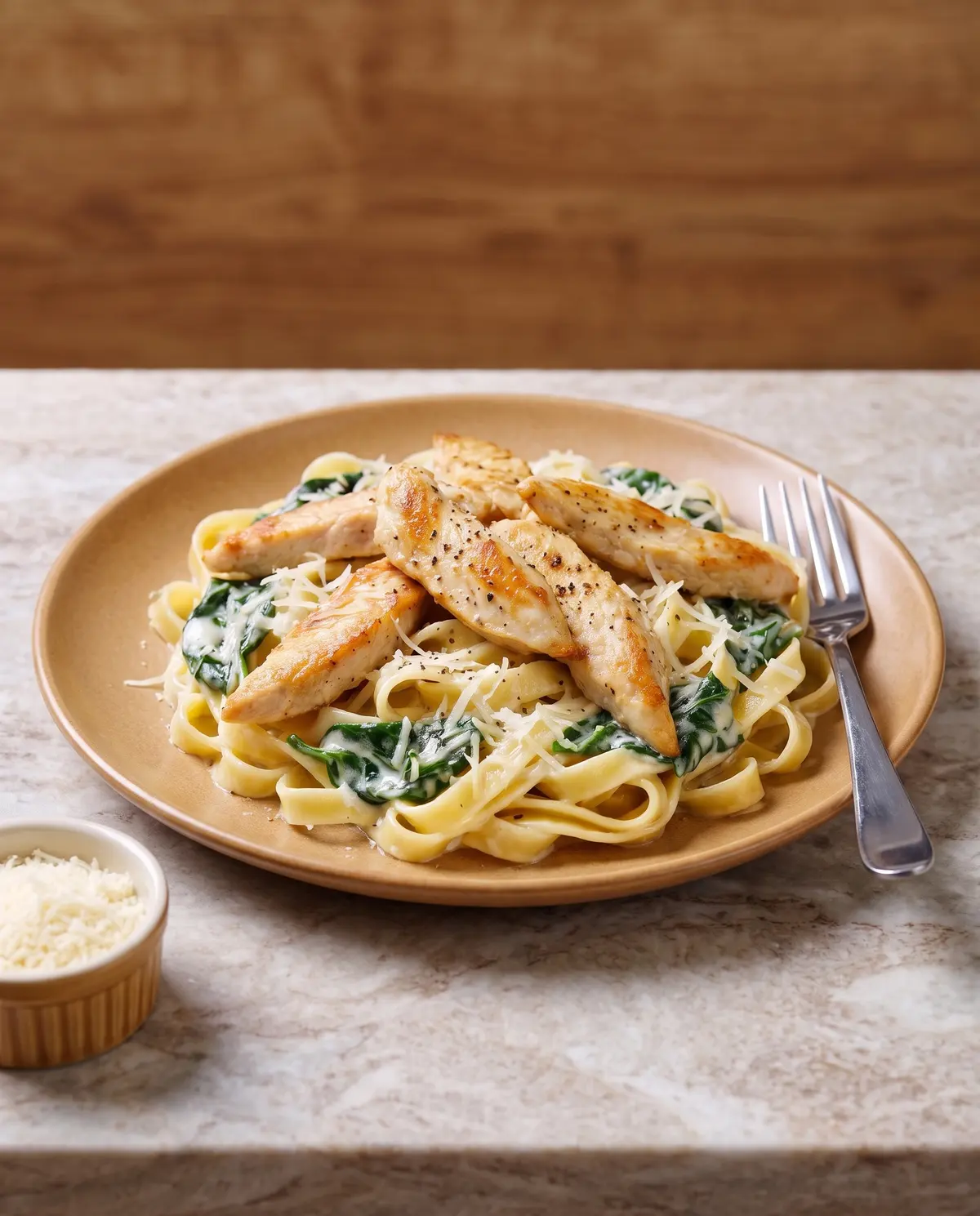 Creamy chicken florentine pasta served on a plate from the side