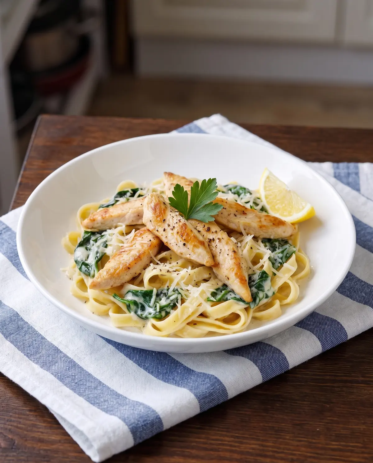 Creamy chicken florentine pasta in a shallow bowl from a three-quarter angle