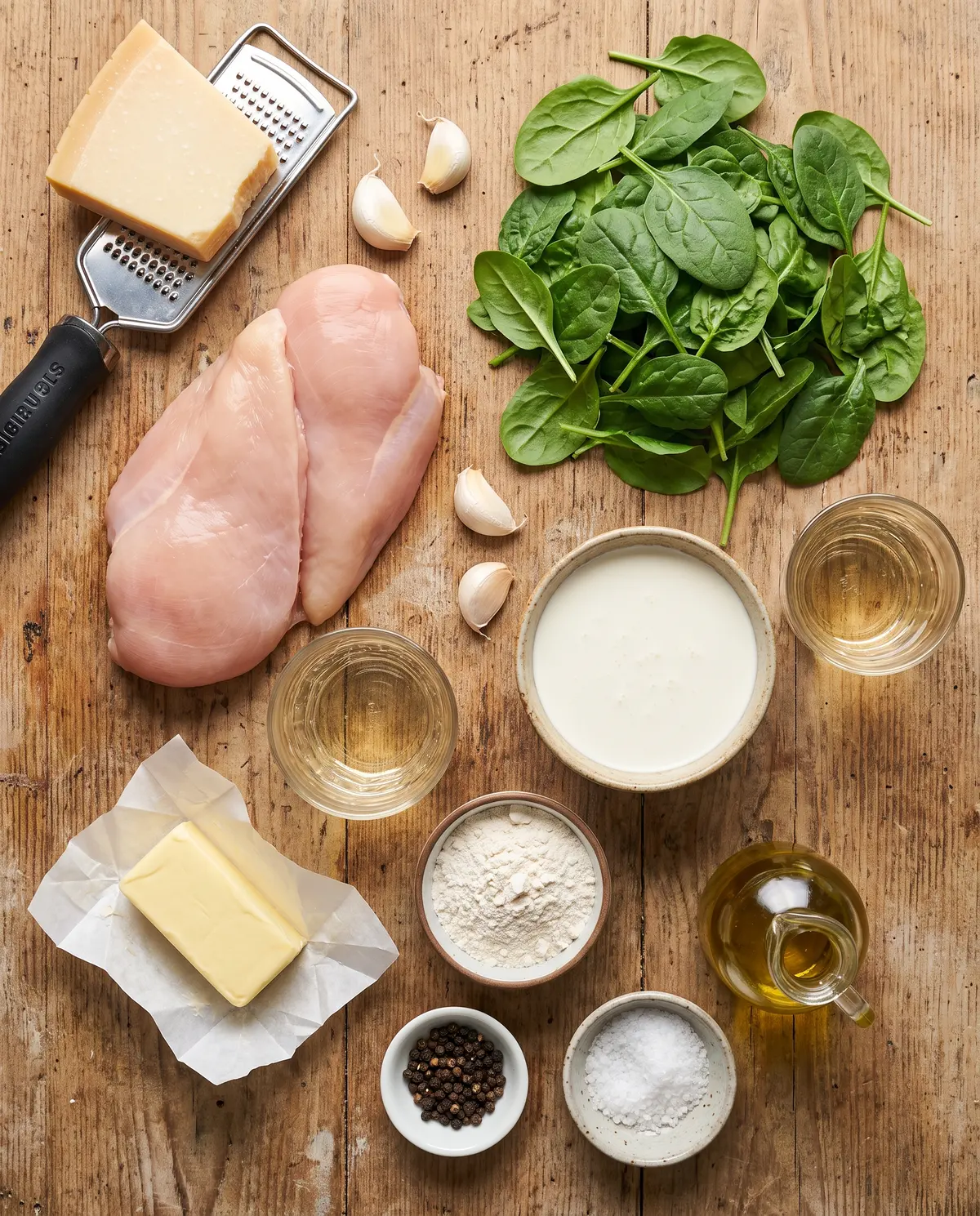 Ingredients for creamy chicken florentine pasta laid out on a wooden table