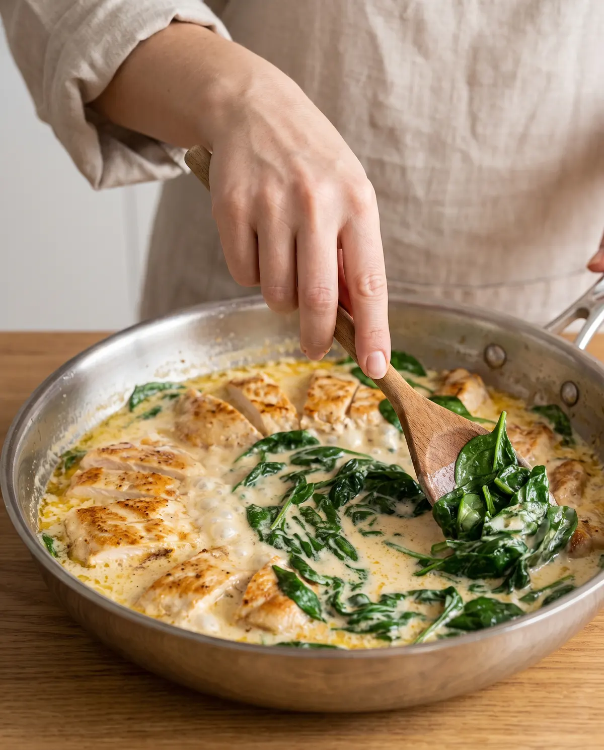 Stirring spinach into the cream sauce in a skillet