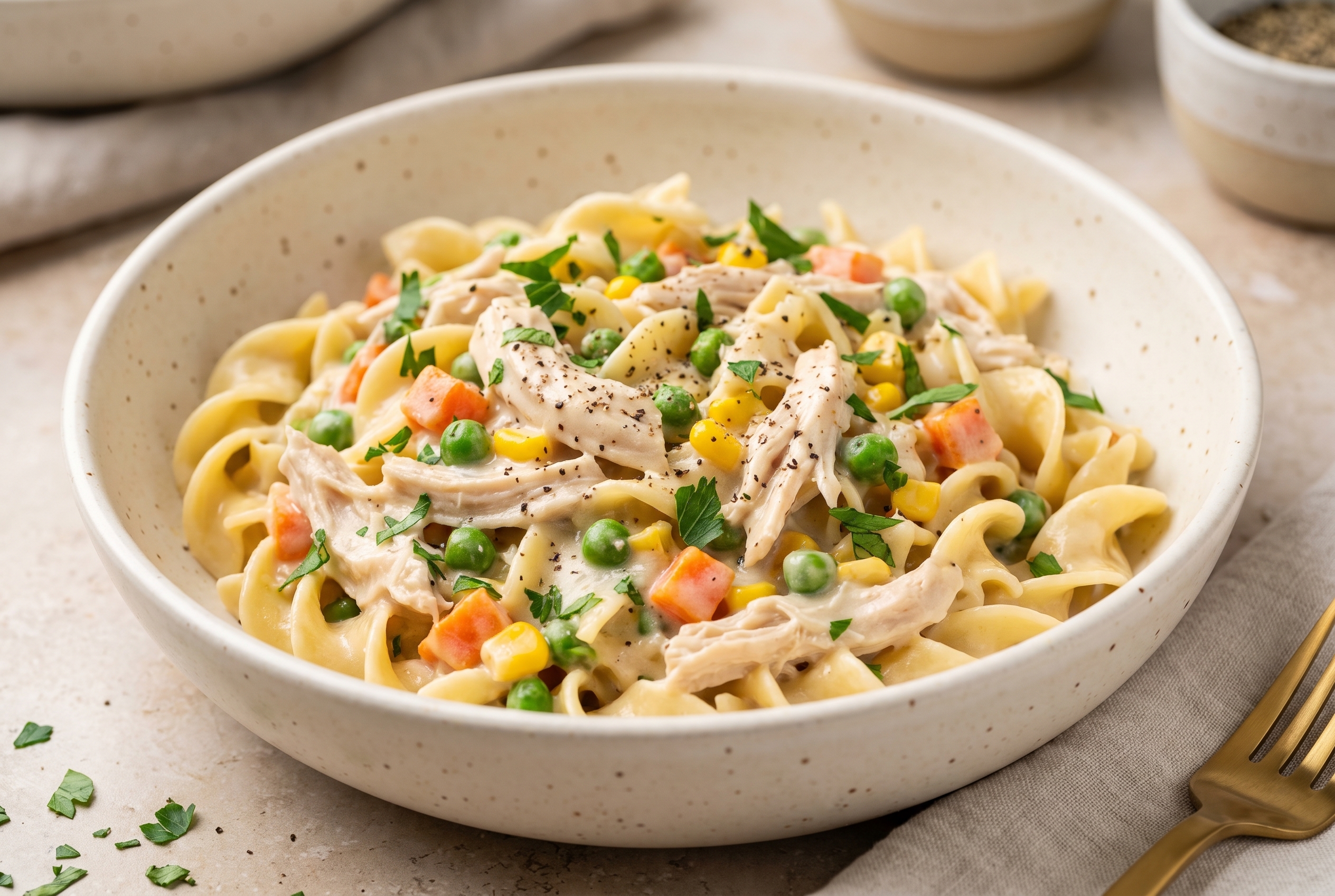 Creamy chicken pot pie pasta in a rustic ceramic bowl