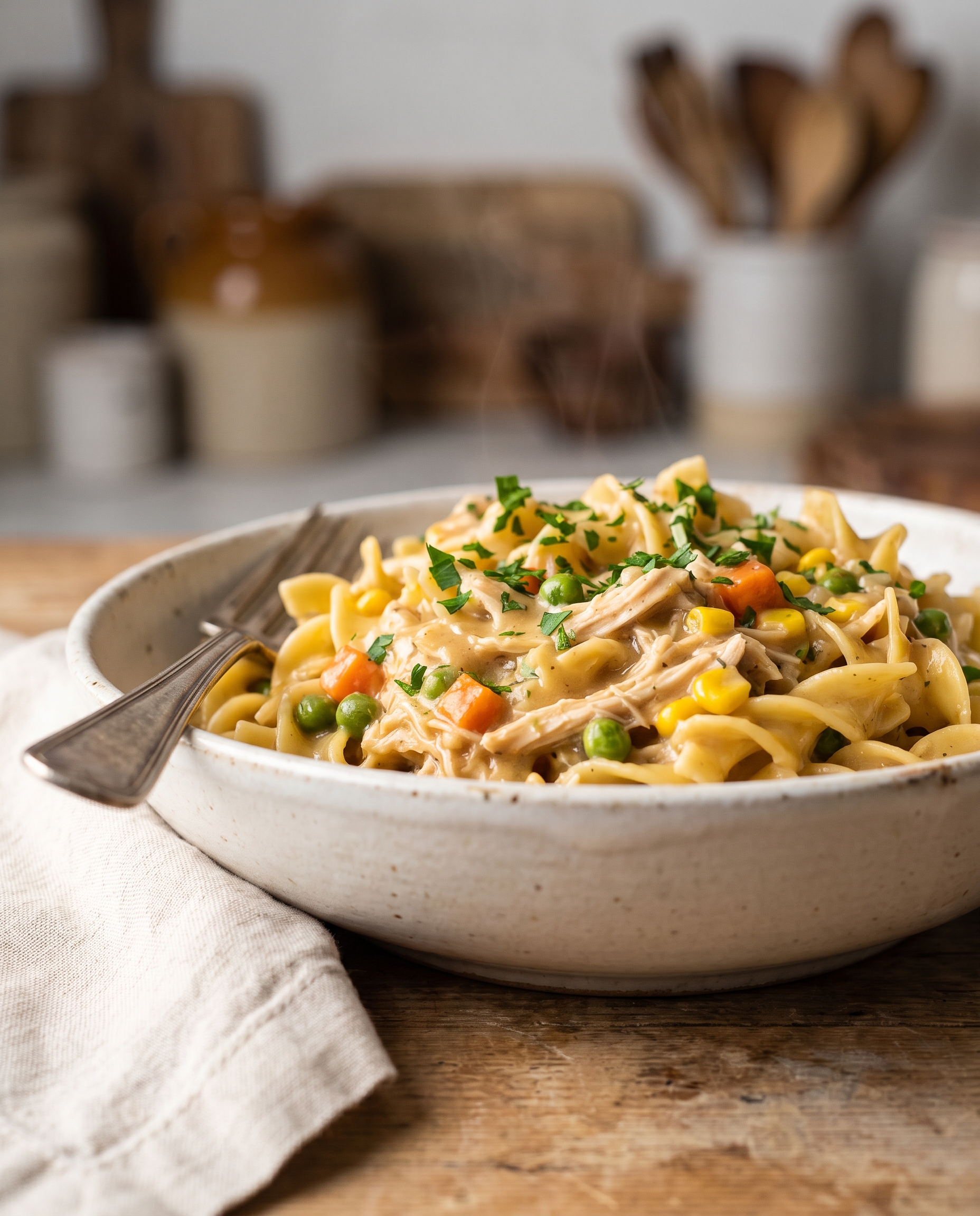A different angle of creamy chicken pot pie pasta