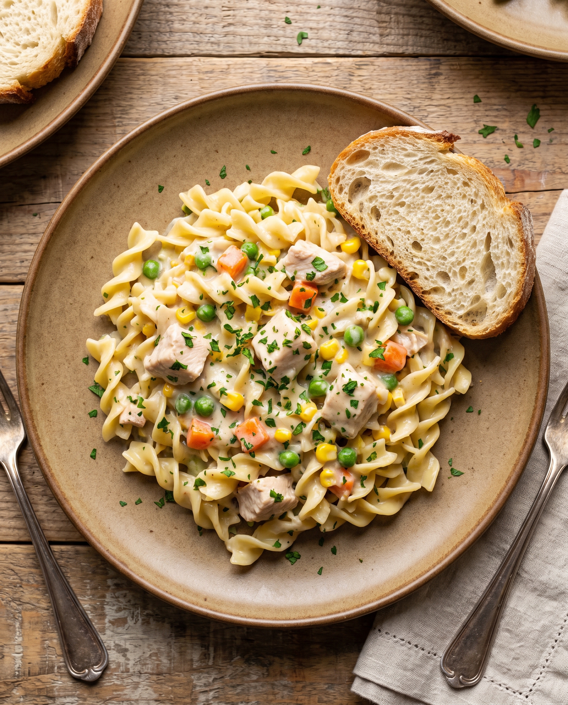 A serving of creamy chicken pot pie pasta on a plate with bread
