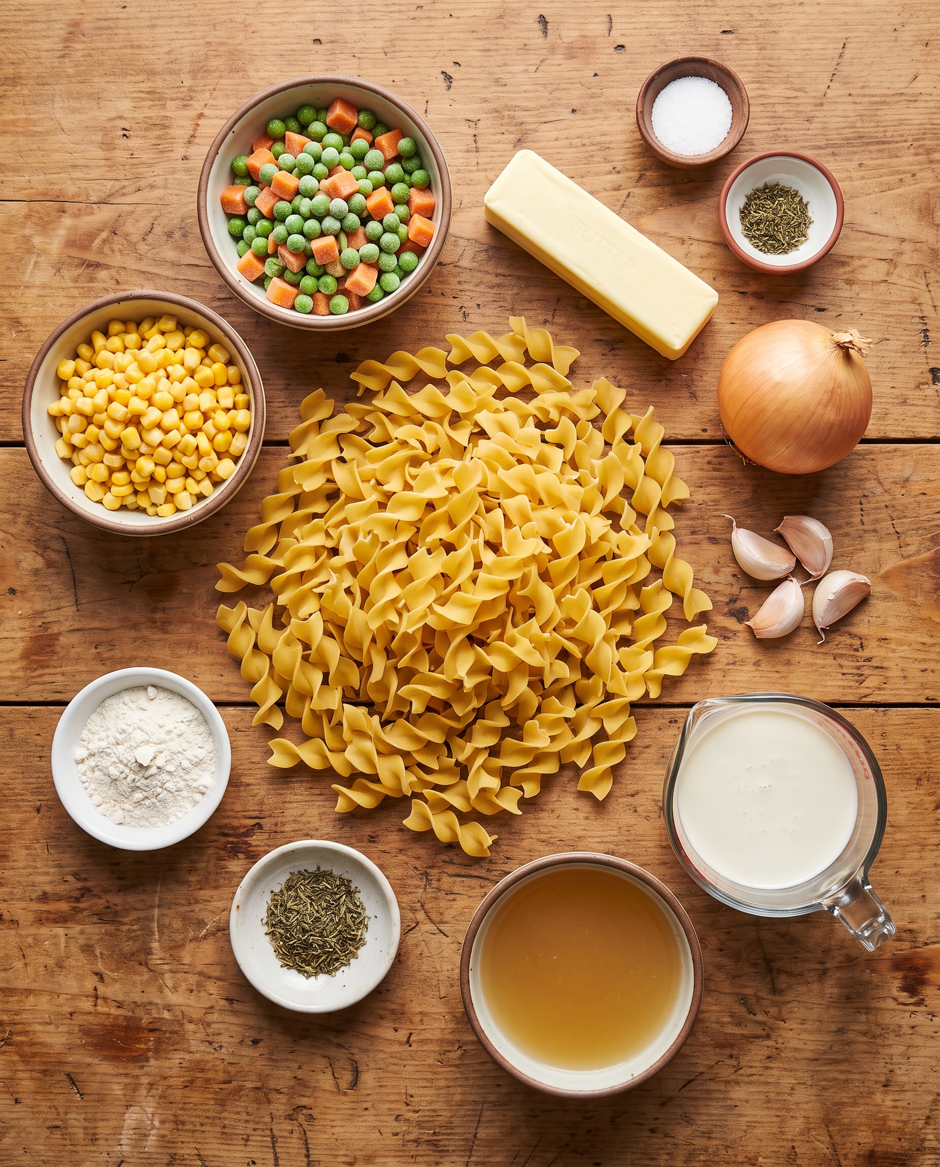 Ingredients for creamy chicken pot pie pasta arranged on a wooden surface
