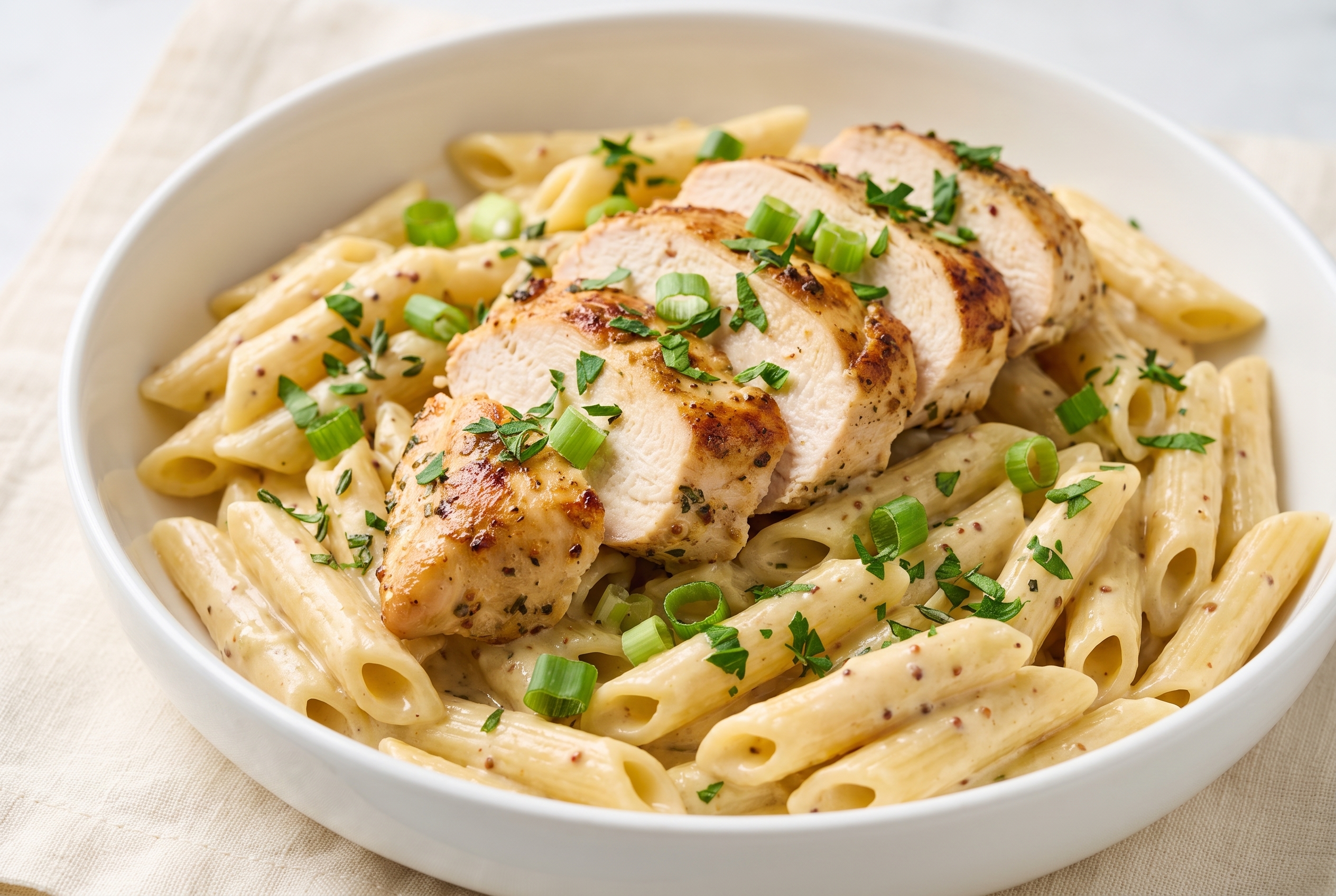 Creamy dijon chicken pasta in a white bowl, sliced grilled chicken on top of penne pasta in a pale yellow dijon cream sauce, garnished with green onions