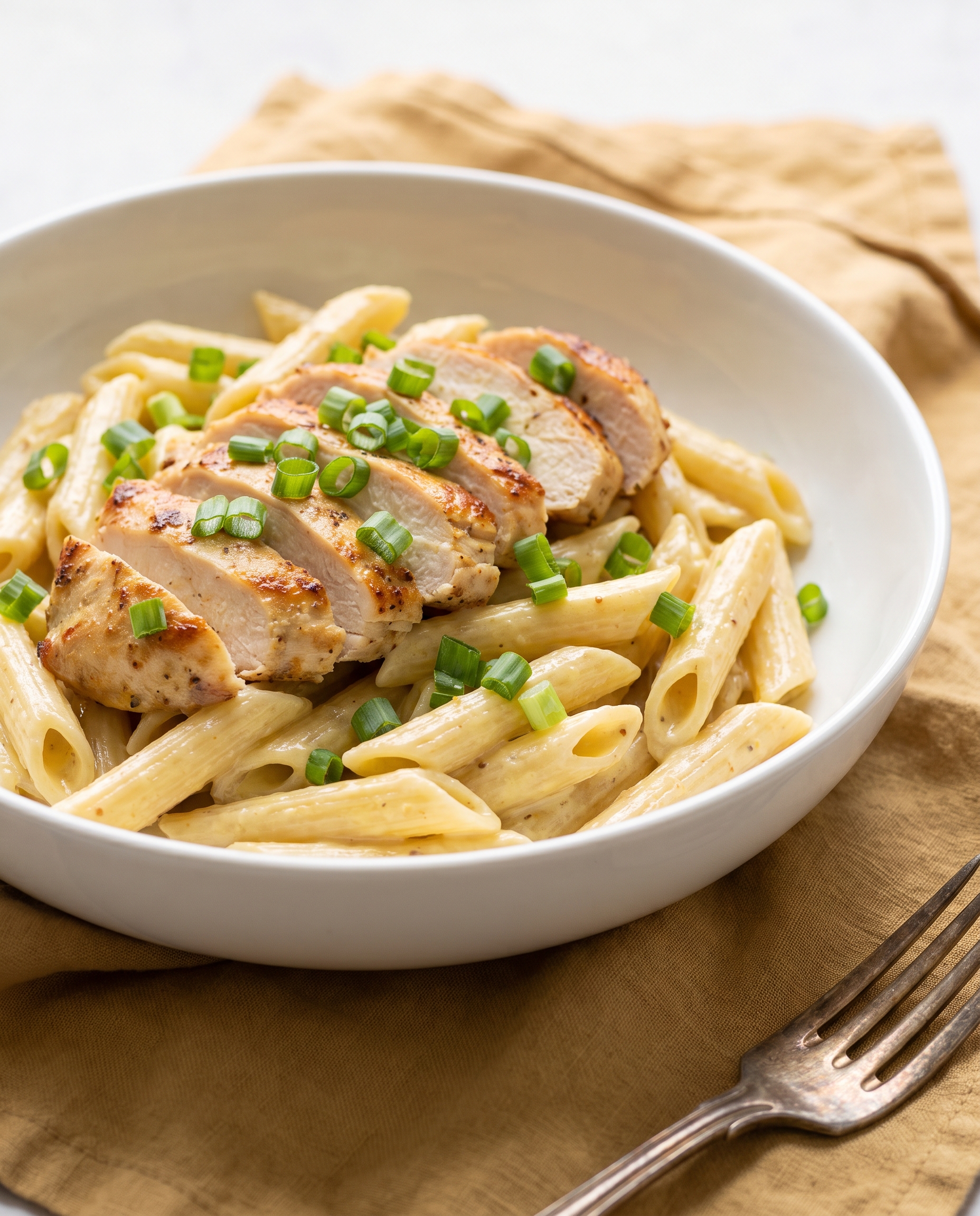 Side view of creamy dijon chicken pasta with sliced chicken on top of penne in a shallow white bowl, mustard napkin and vintage fork on the side