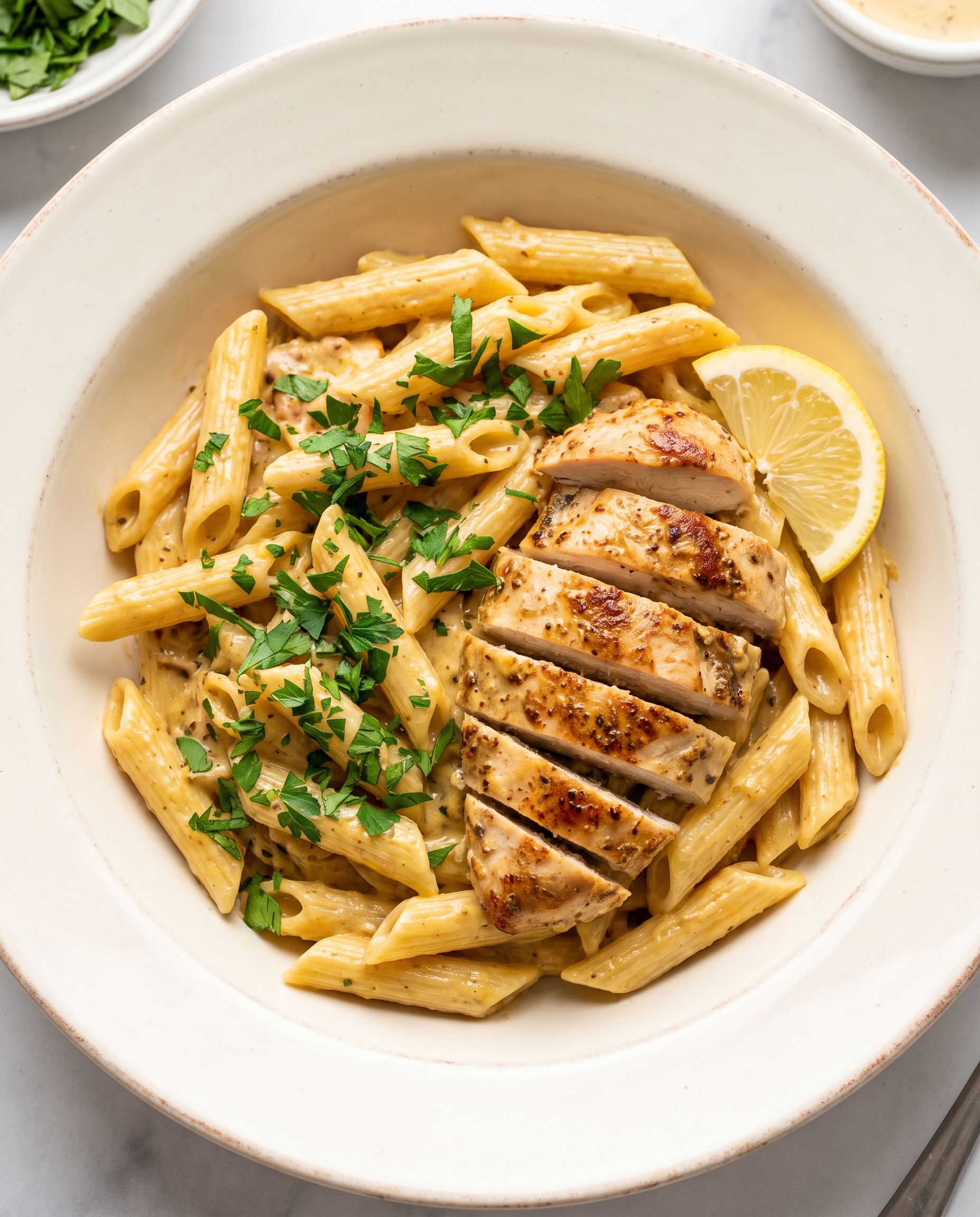 Tight close-up of creamy dijon chicken pasta served on a rustic cream ceramic plate with parsley and a lemon wedge