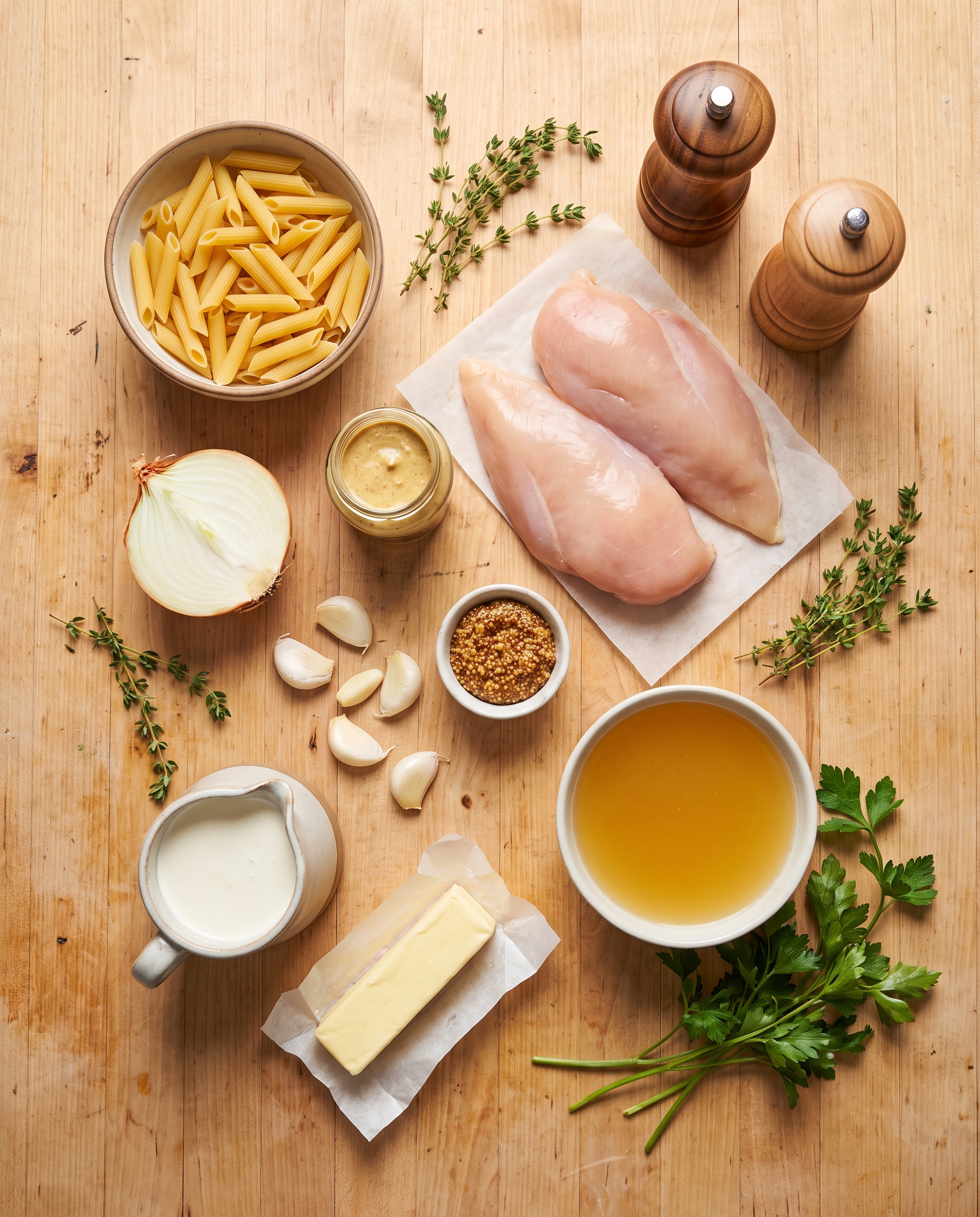 Ingredients for creamy dijon chicken pasta arranged on a wooden table: penne pasta, chicken breasts, onion, garlic, dijon and whole grain mustard, heavy cream, butter, chicken stock, fresh thyme and parsley