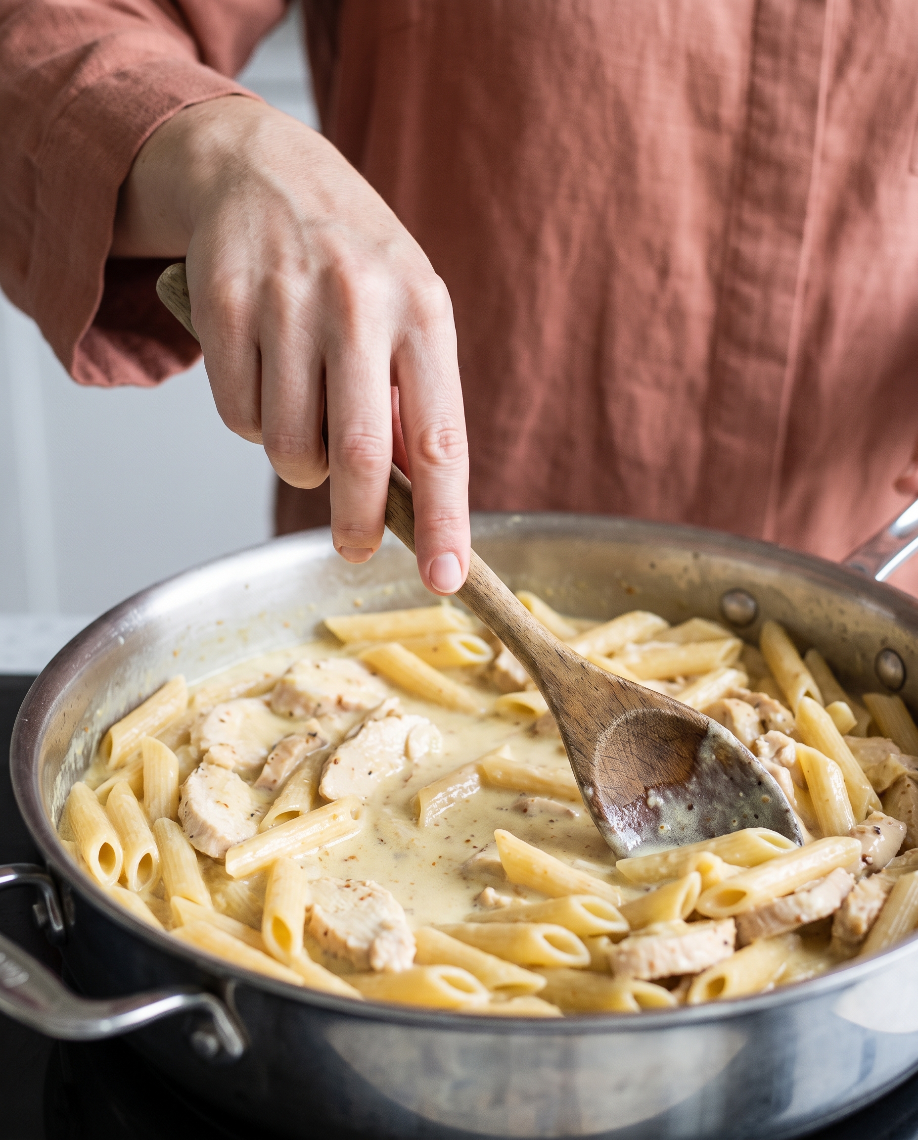 Process shot of a woman's hand stirring creamy dijon chicken pasta in a stainless steel pan with a wooden spoon, terracotta sleeve visible