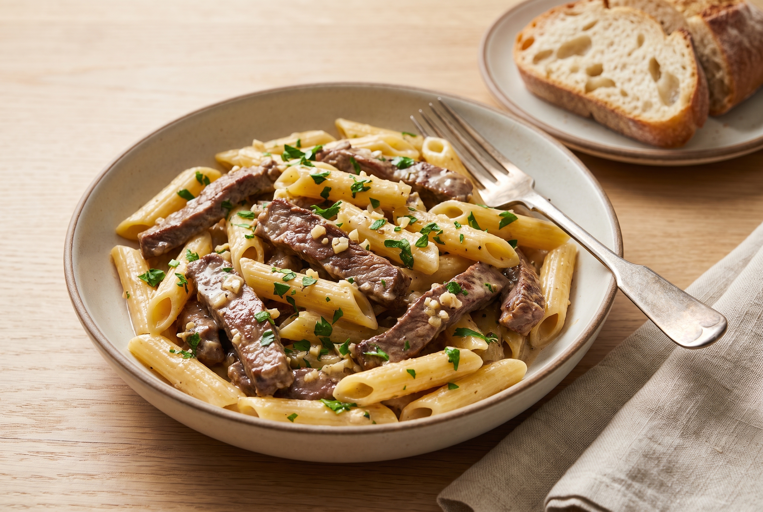 Creamy garlic beef pasta in a ceramic bowl