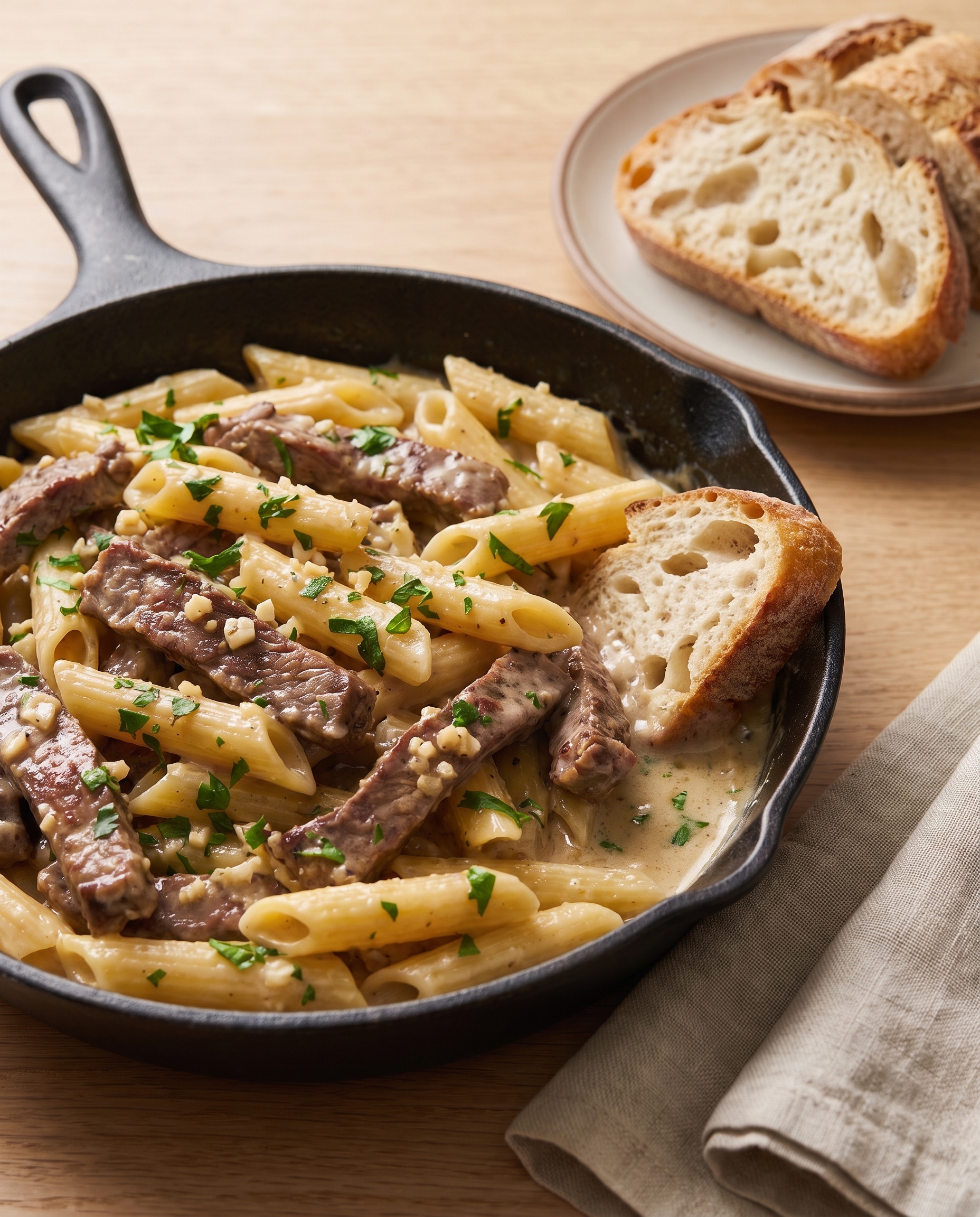 Creamy garlic beef pasta from a side angle