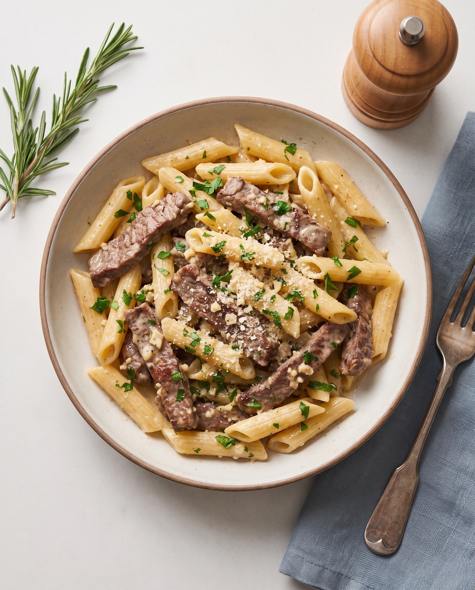 Overhead shot of creamy garlic beef pasta with herbs