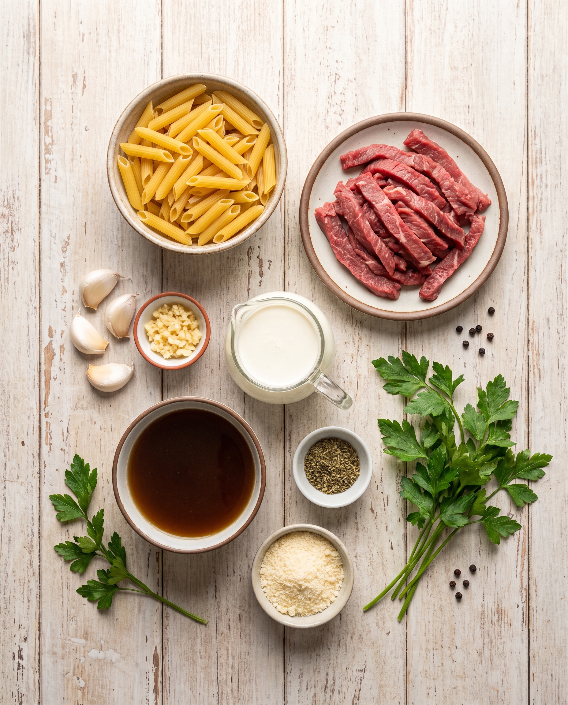 Ingredients for creamy garlic beef pasta laid out on a wood table