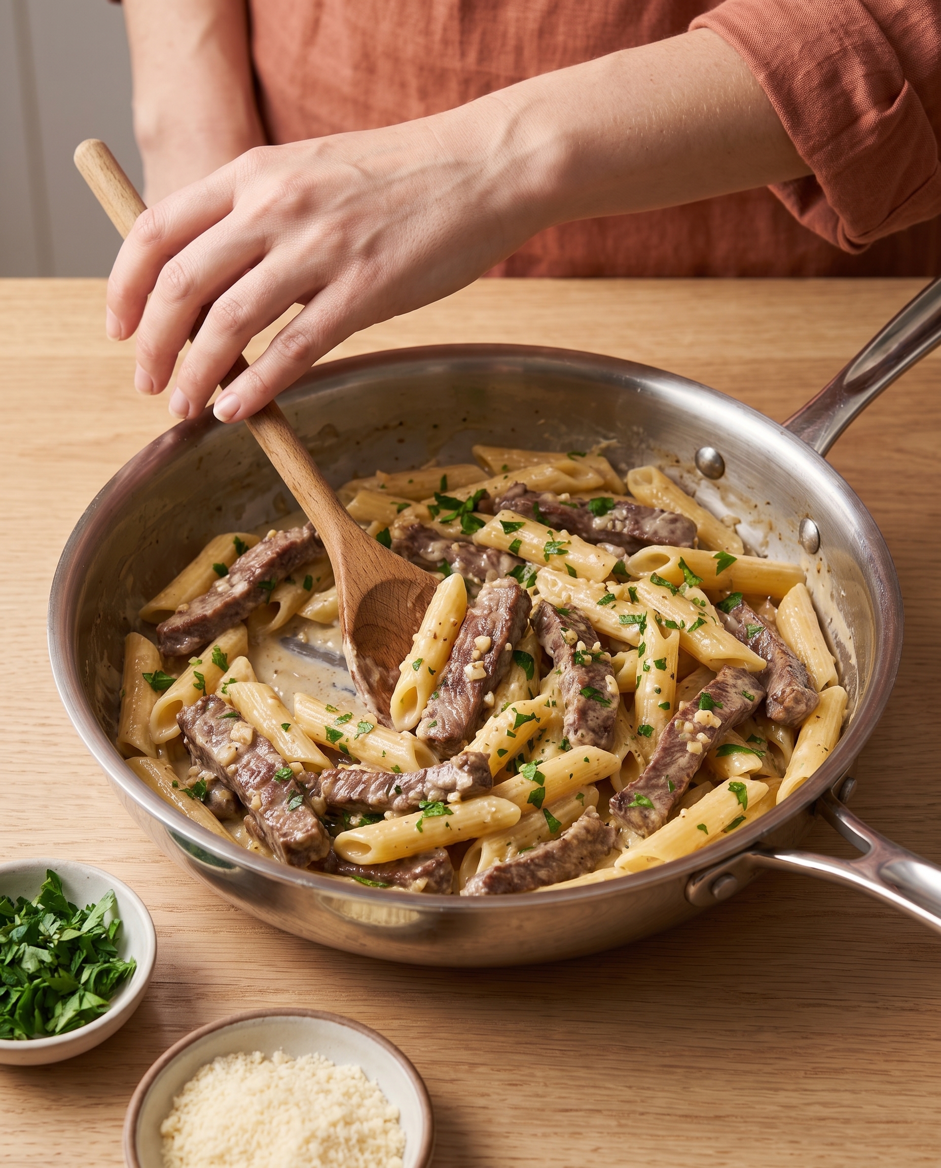 Tossing creamy garlic beef pasta in a skillet