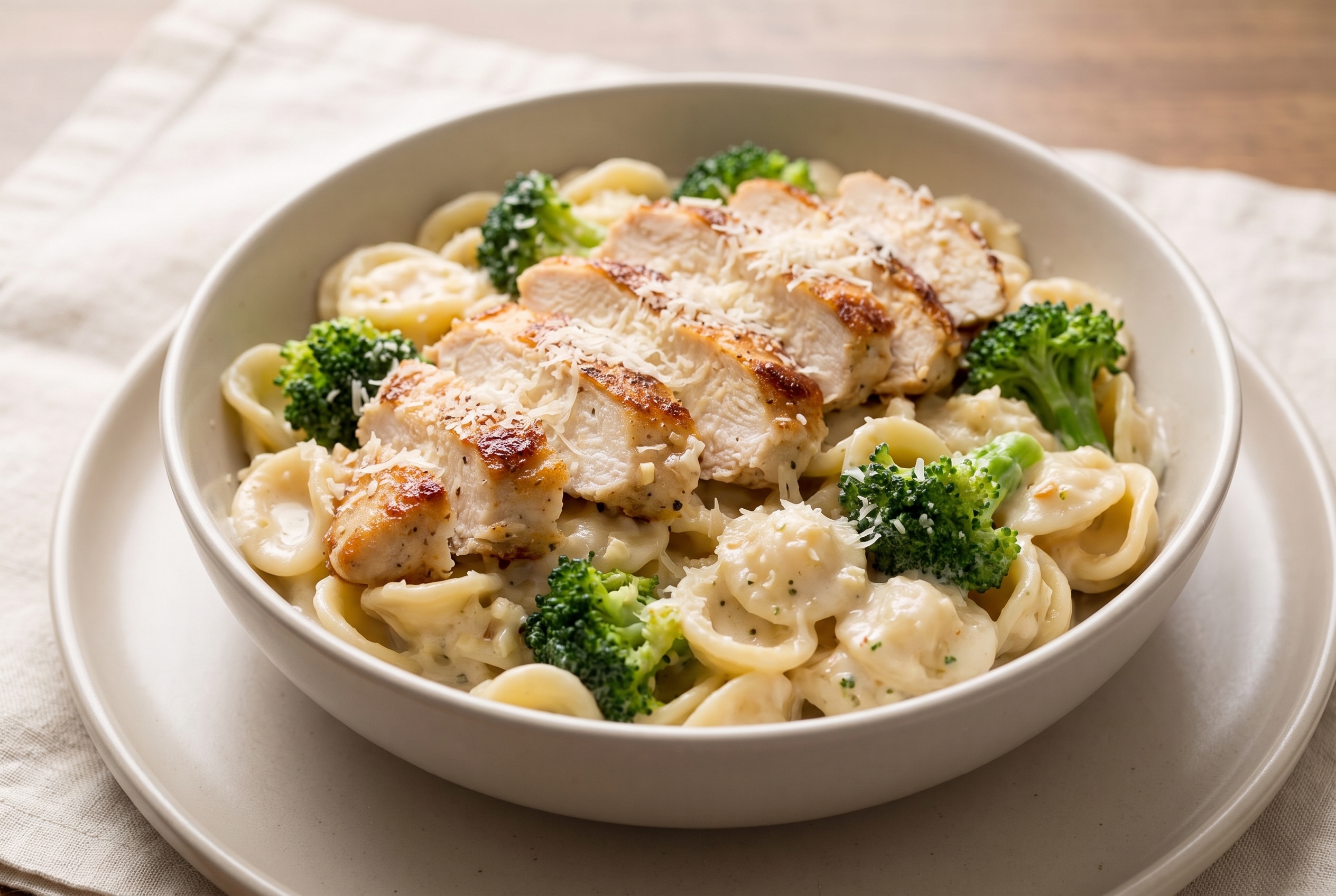 Creamy garlic chicken and broccoli pasta in a ceramic bowl
