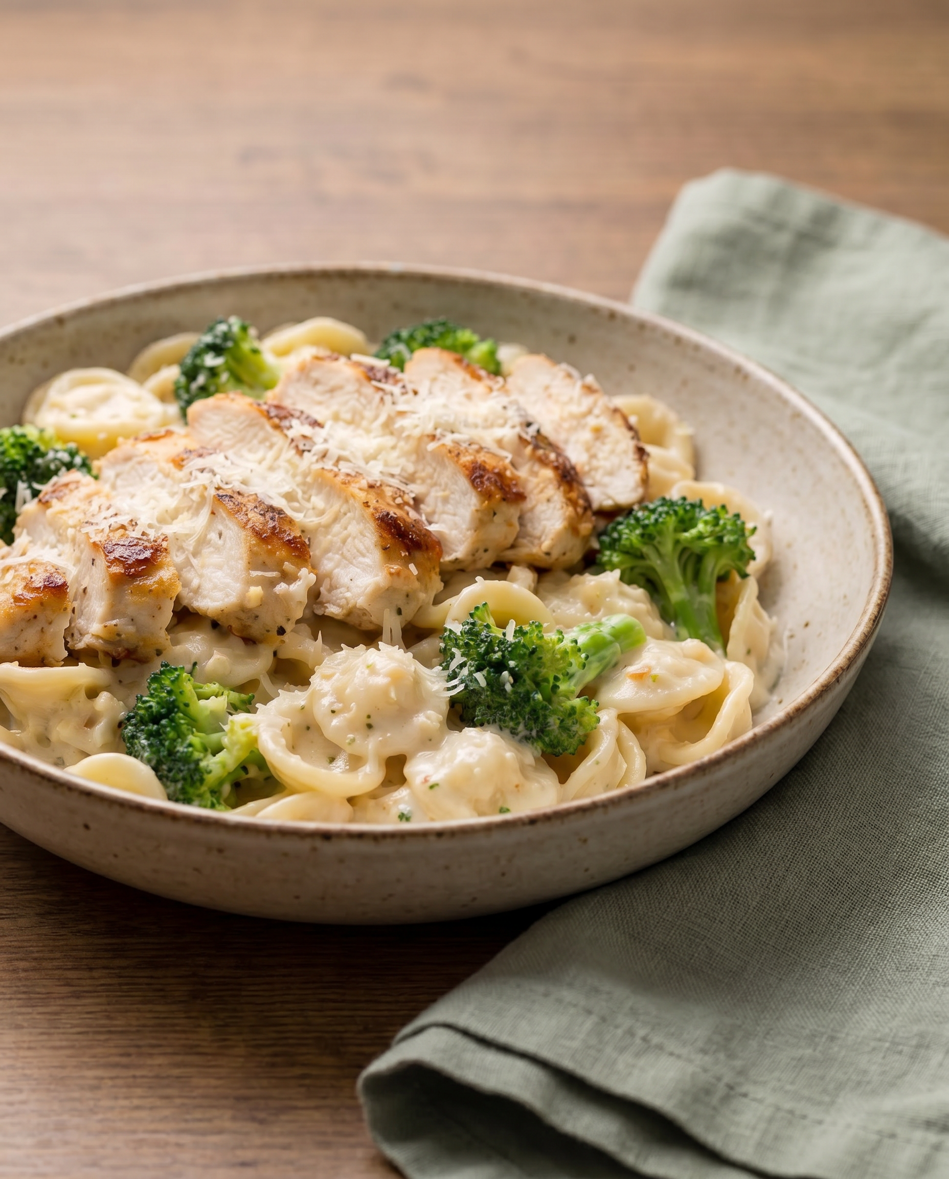 Creamy garlic chicken and broccoli pasta in a rustic bowl from a low side angle