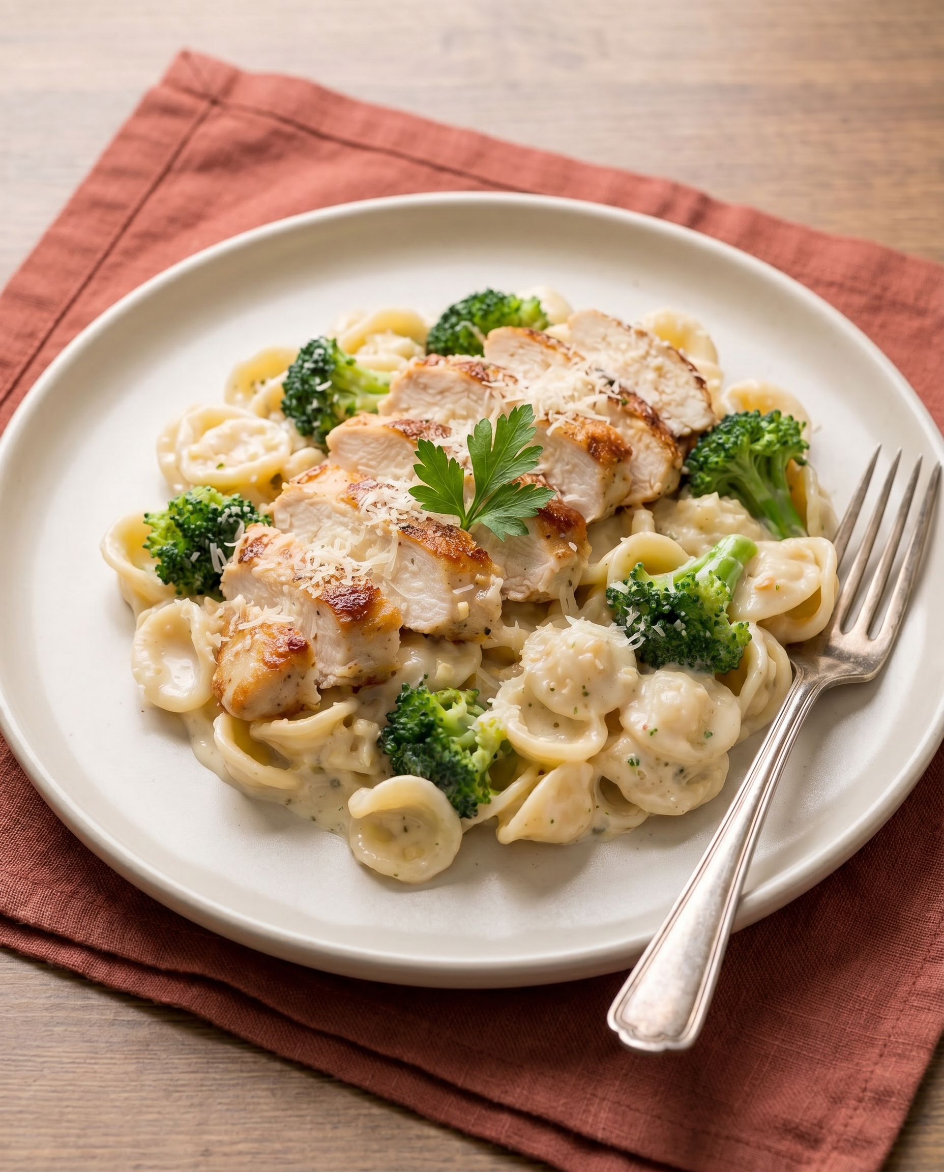A single serving of creamy garlic chicken and broccoli pasta on a cream plate with parsley