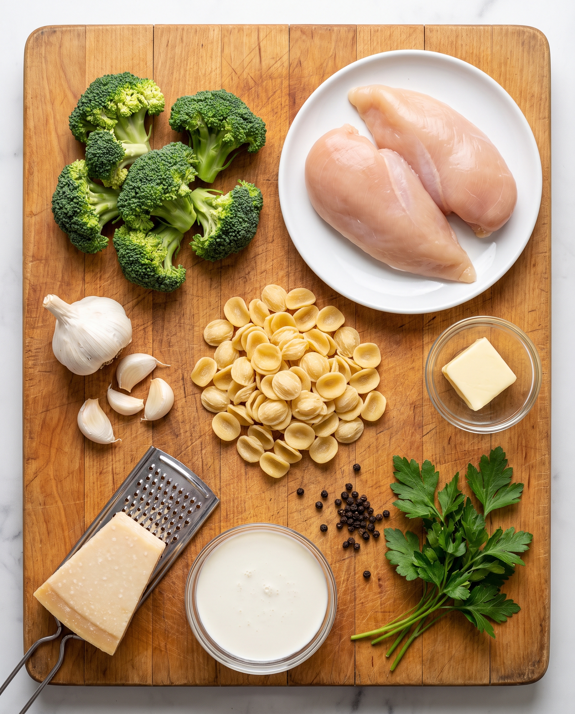 Ingredients for creamy garlic chicken and broccoli pasta laid out on a wooden board