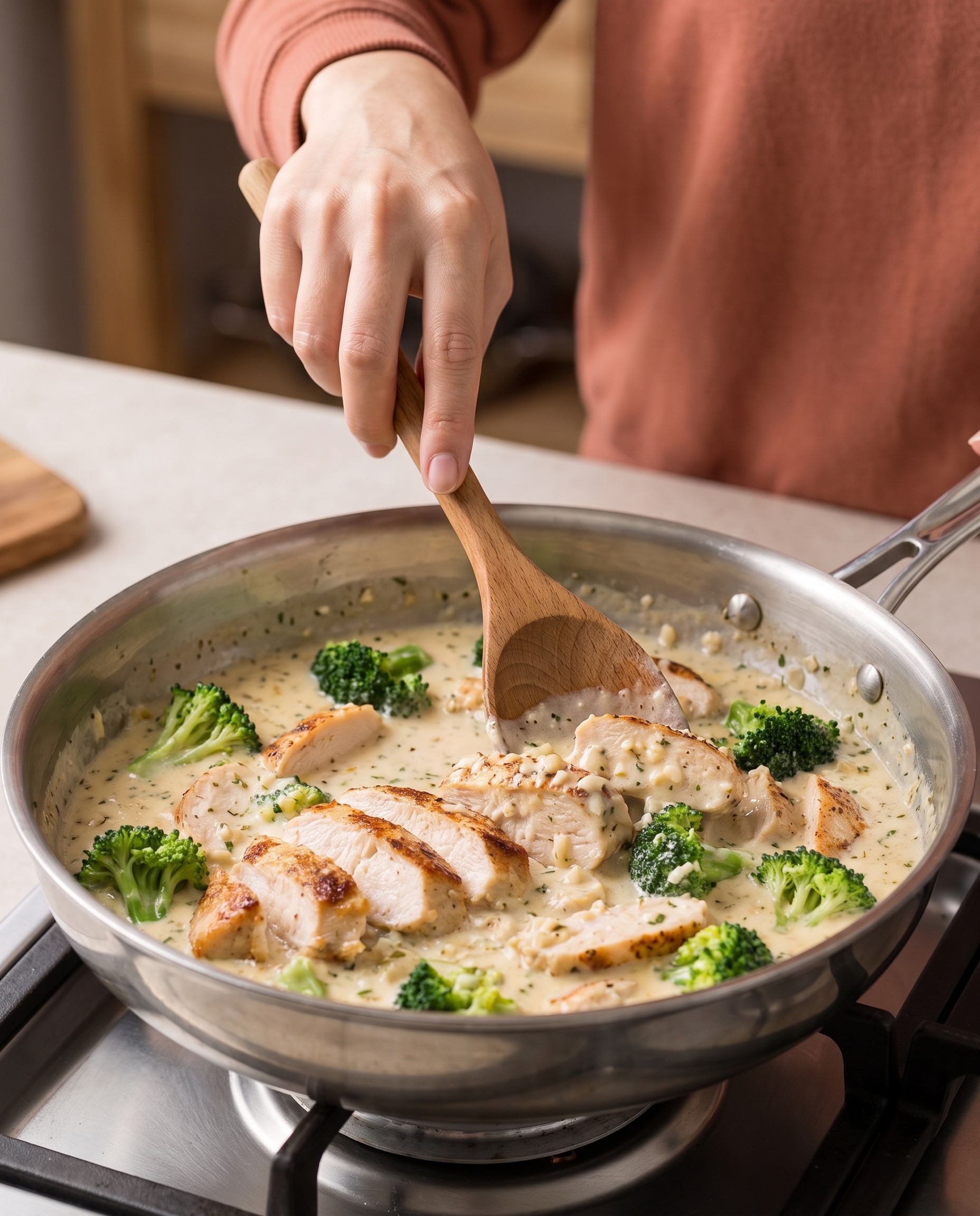 A wooden spoon stirring creamy garlic sauce in a pan with chicken and broccoli