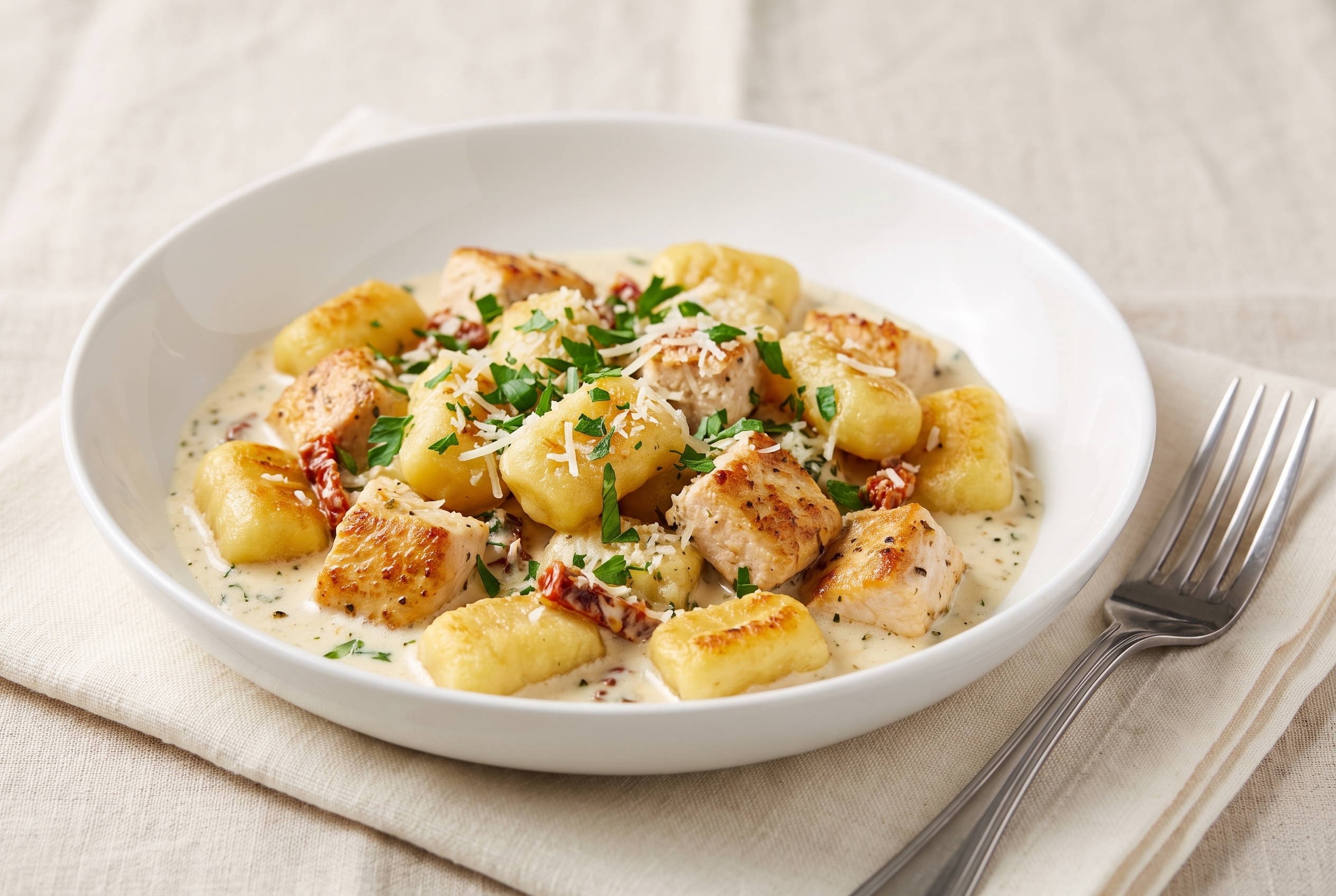 Creamy garlic herb chicken gnocchi in a white ceramic bowl