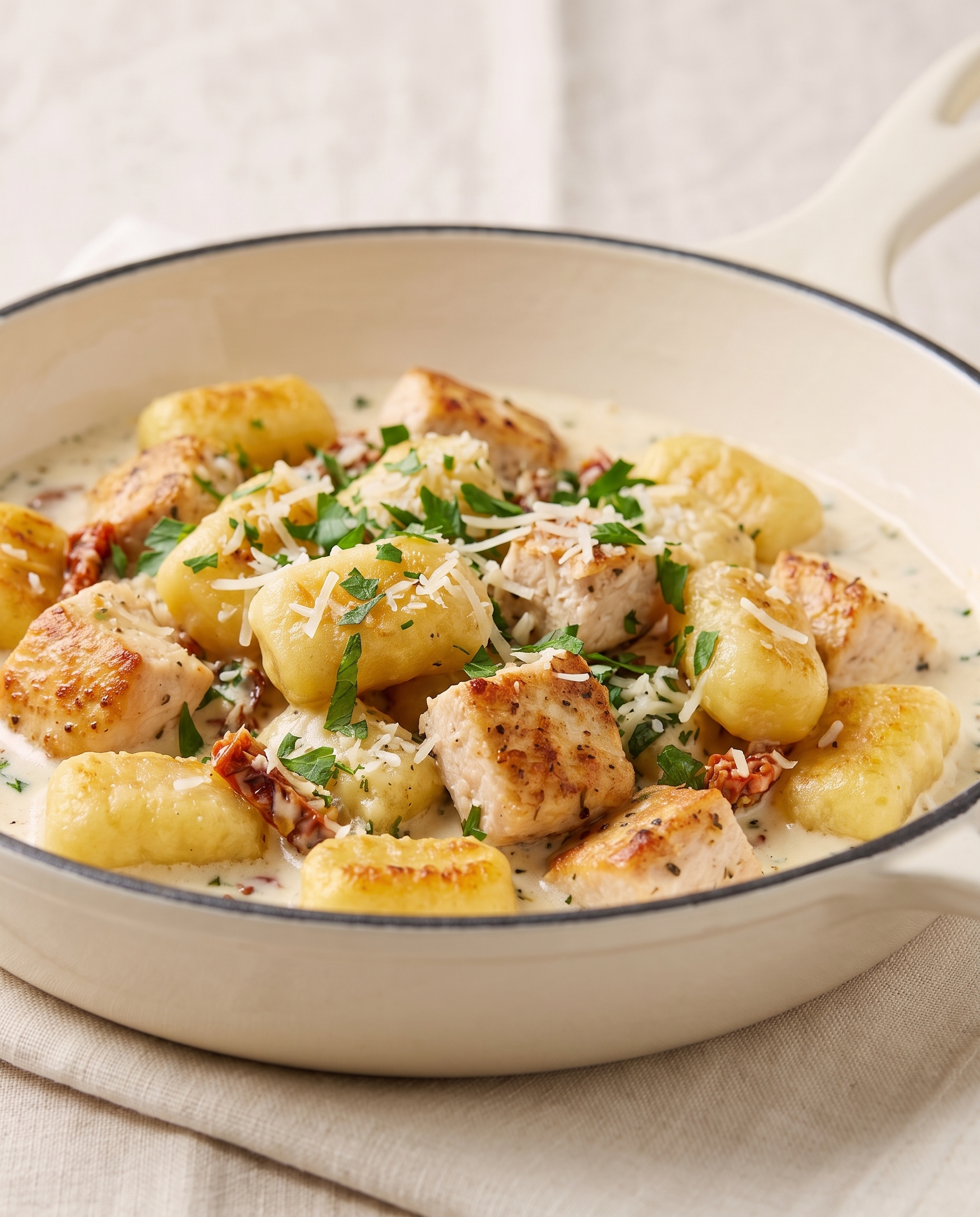 Side view of creamy garlic herb chicken gnocchi in a cream cast iron skillet