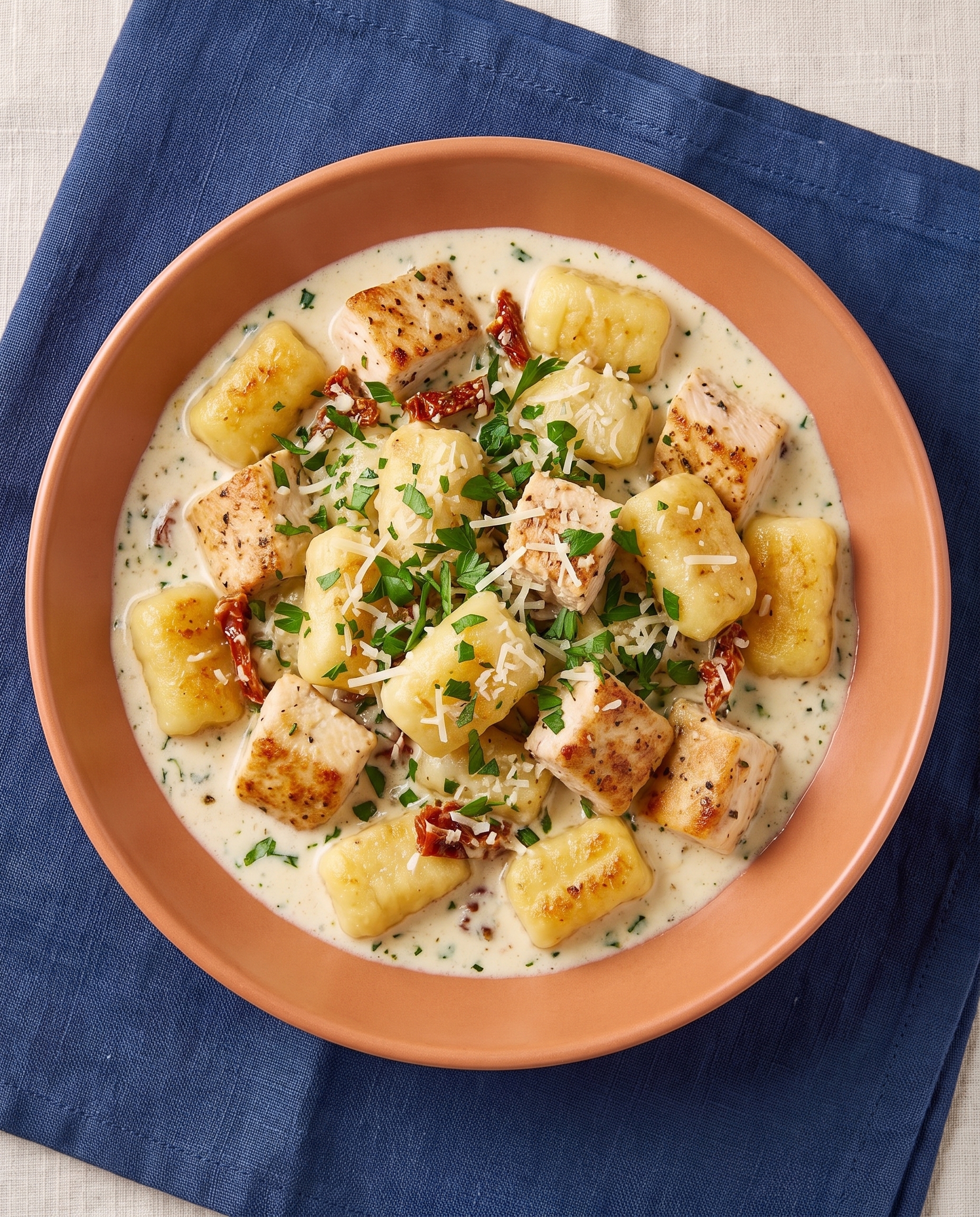 Overhead view of creamy garlic herb chicken gnocchi in a terracotta bowl