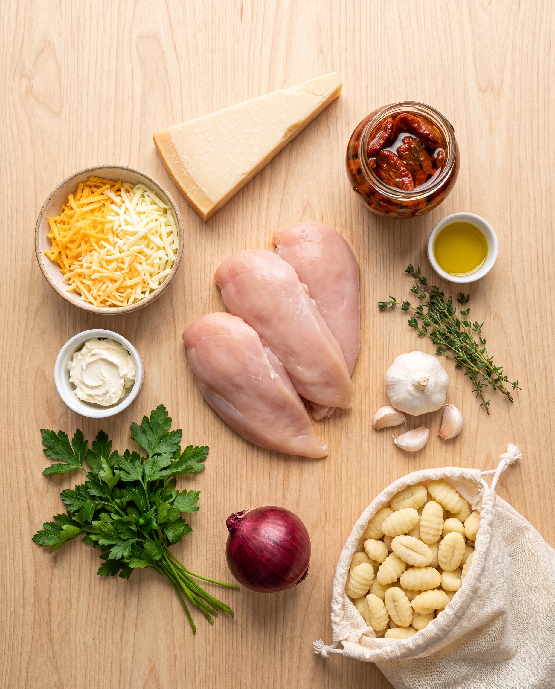 Ingredients for creamy garlic herb chicken gnocchi arranged on a wooden table