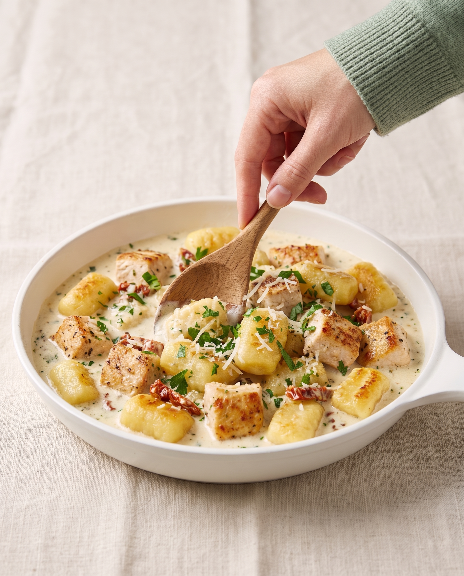 A woman's hand stirring creamy garlic herb chicken gnocchi in a pan