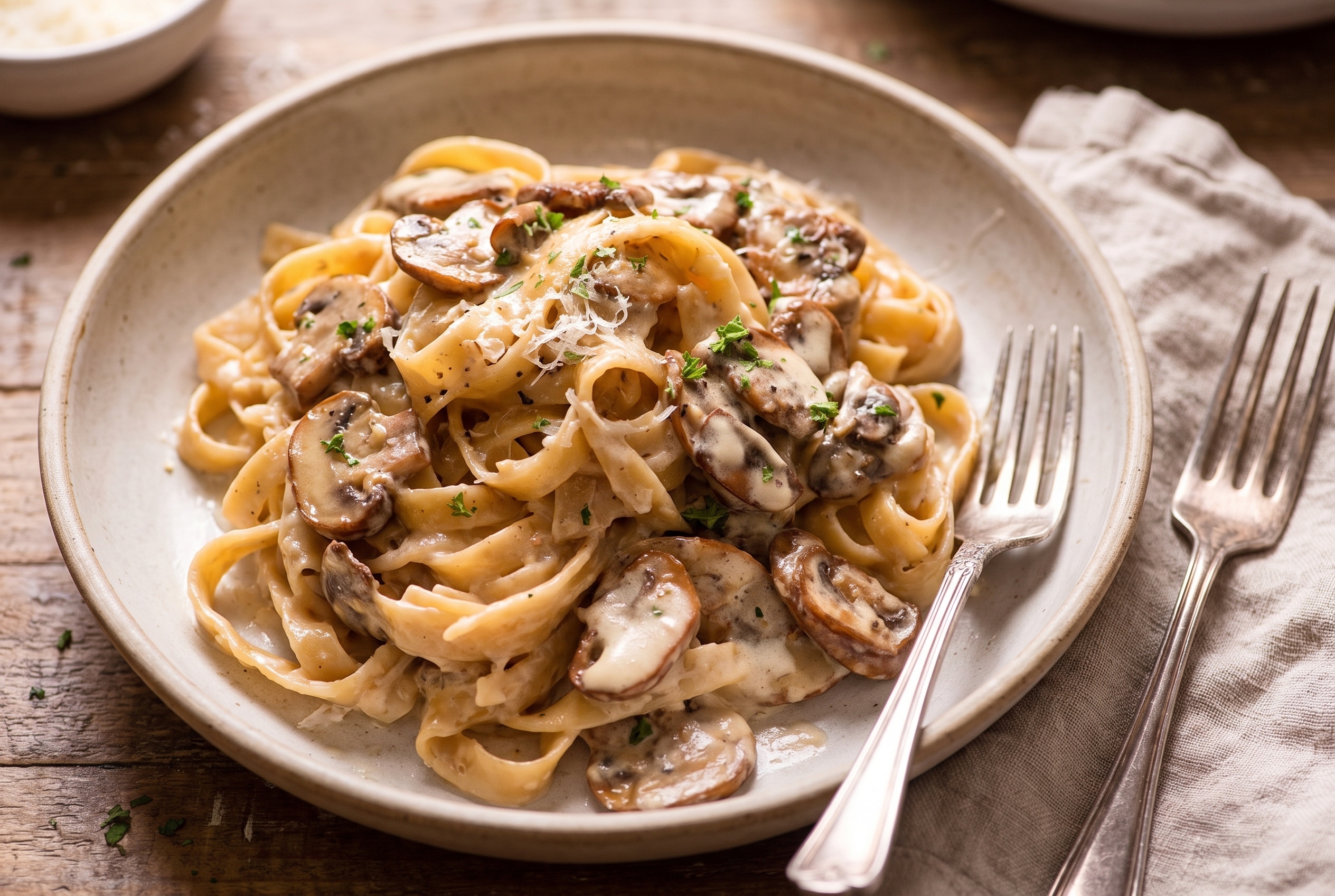 Creamy garlic mushroom pasta in a shallow ceramic bowl