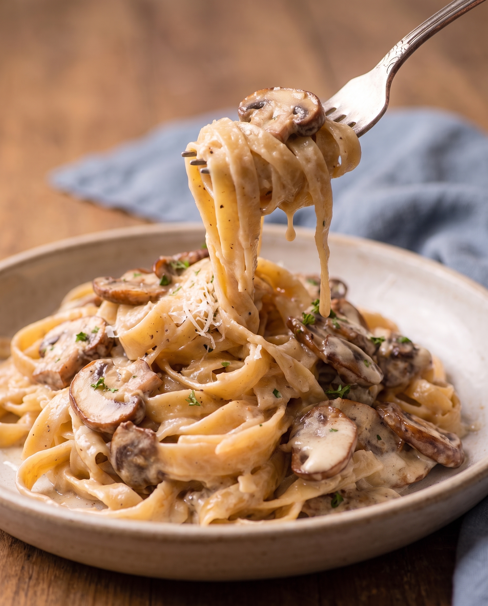 Lifting a forkful of creamy garlic mushroom pasta from a bowl