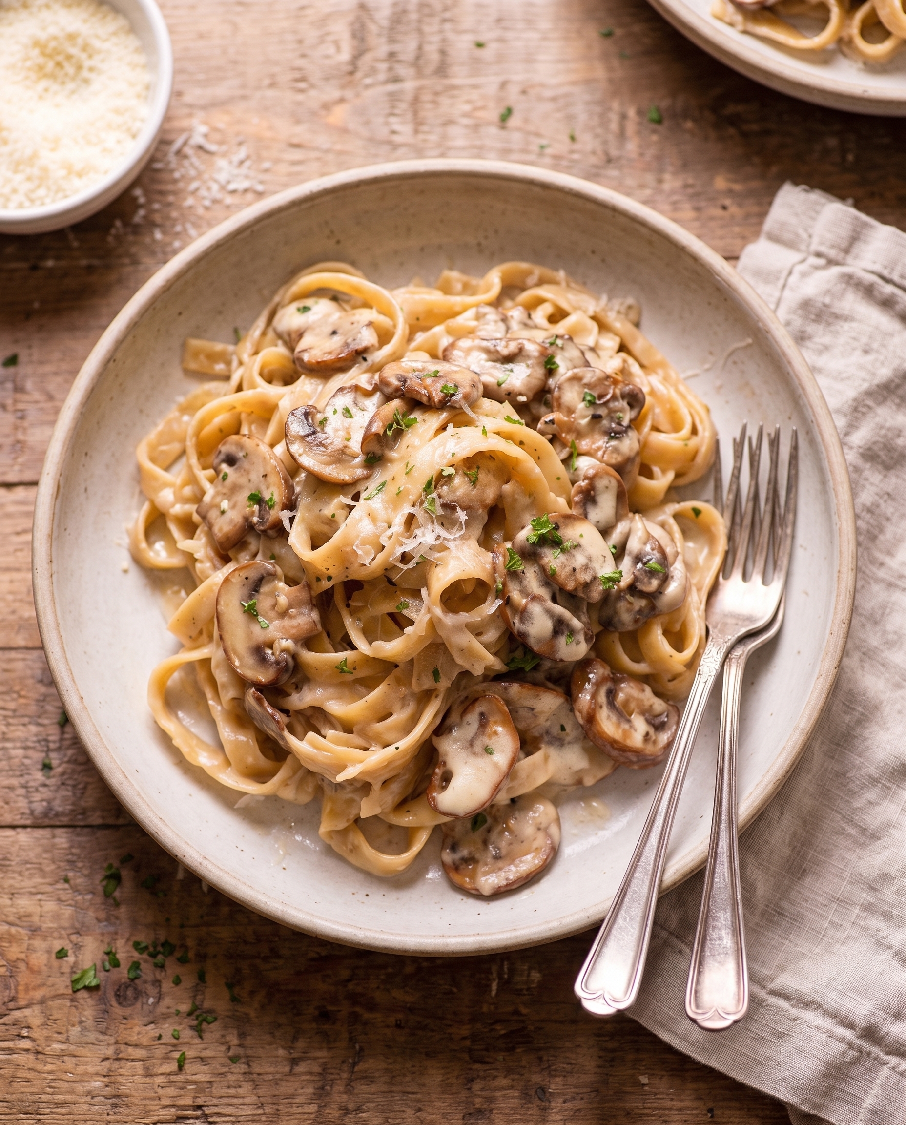 Overhead view of creamy garlic mushroom pasta in a bowl