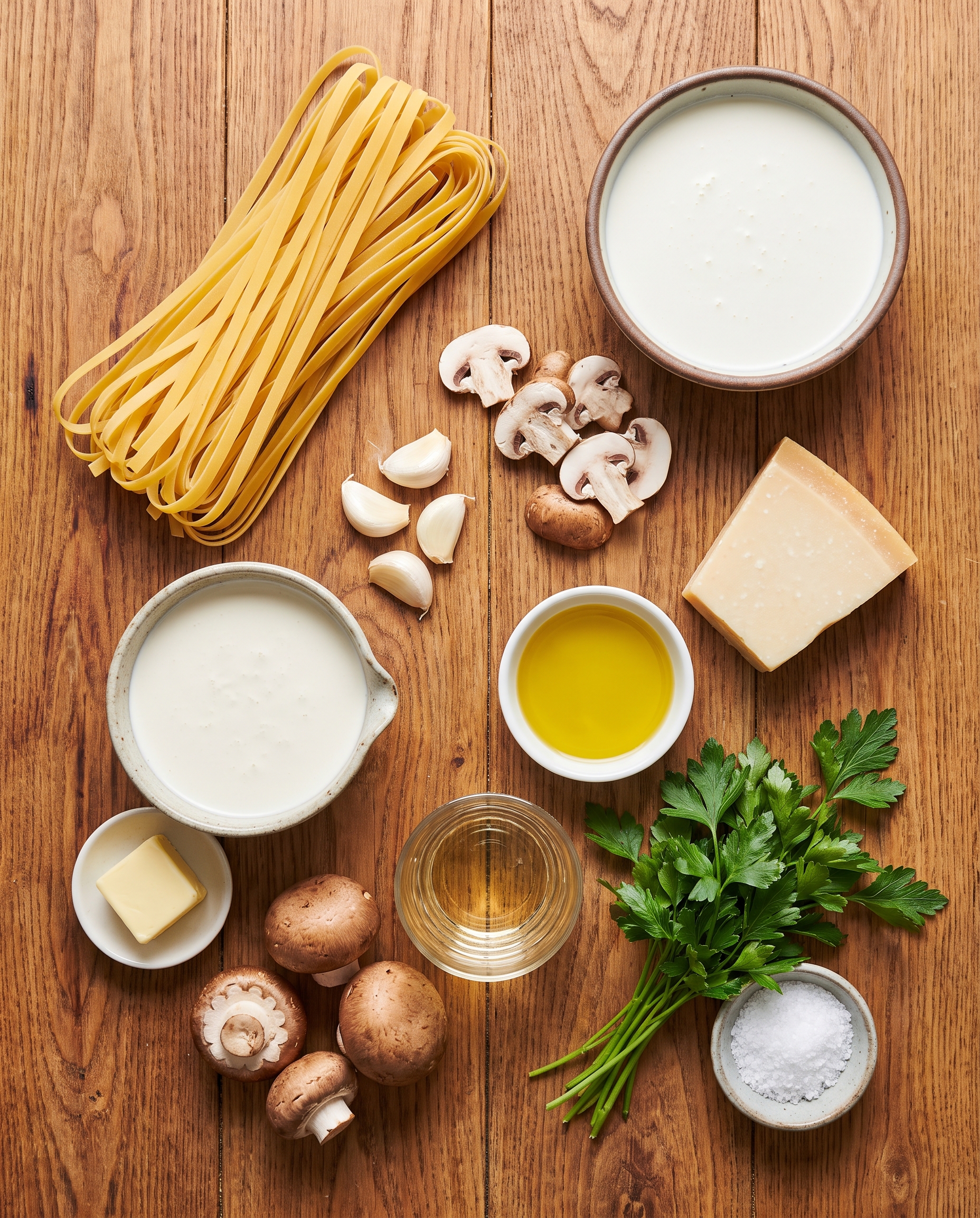 Ingredients for creamy garlic mushroom pasta on a wood surface