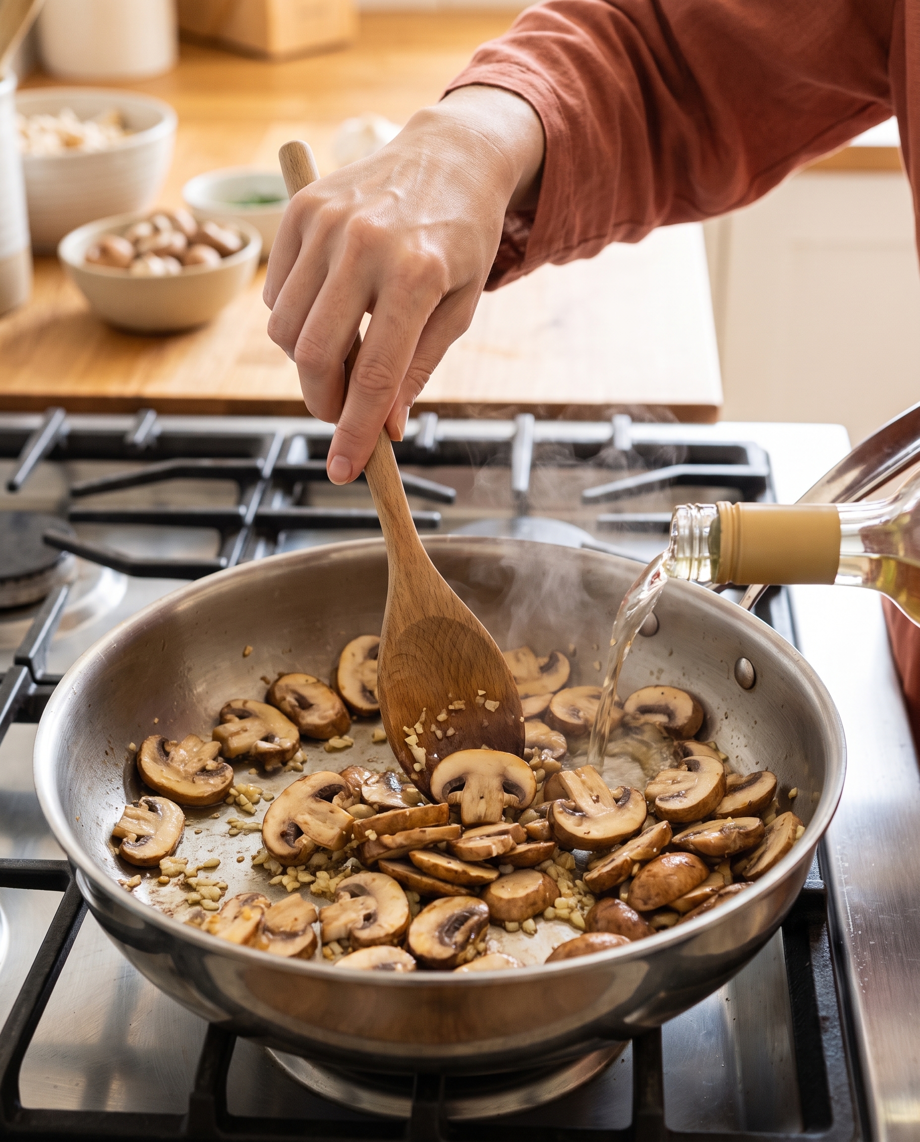 Stirring mushrooms and garlic in a pan for creamy mushroom pasta