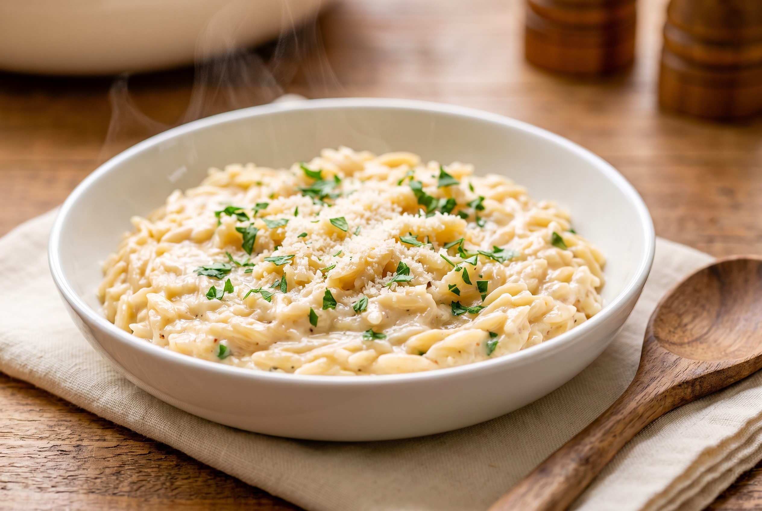 Creamy garlic parmesan orzo in a bowl