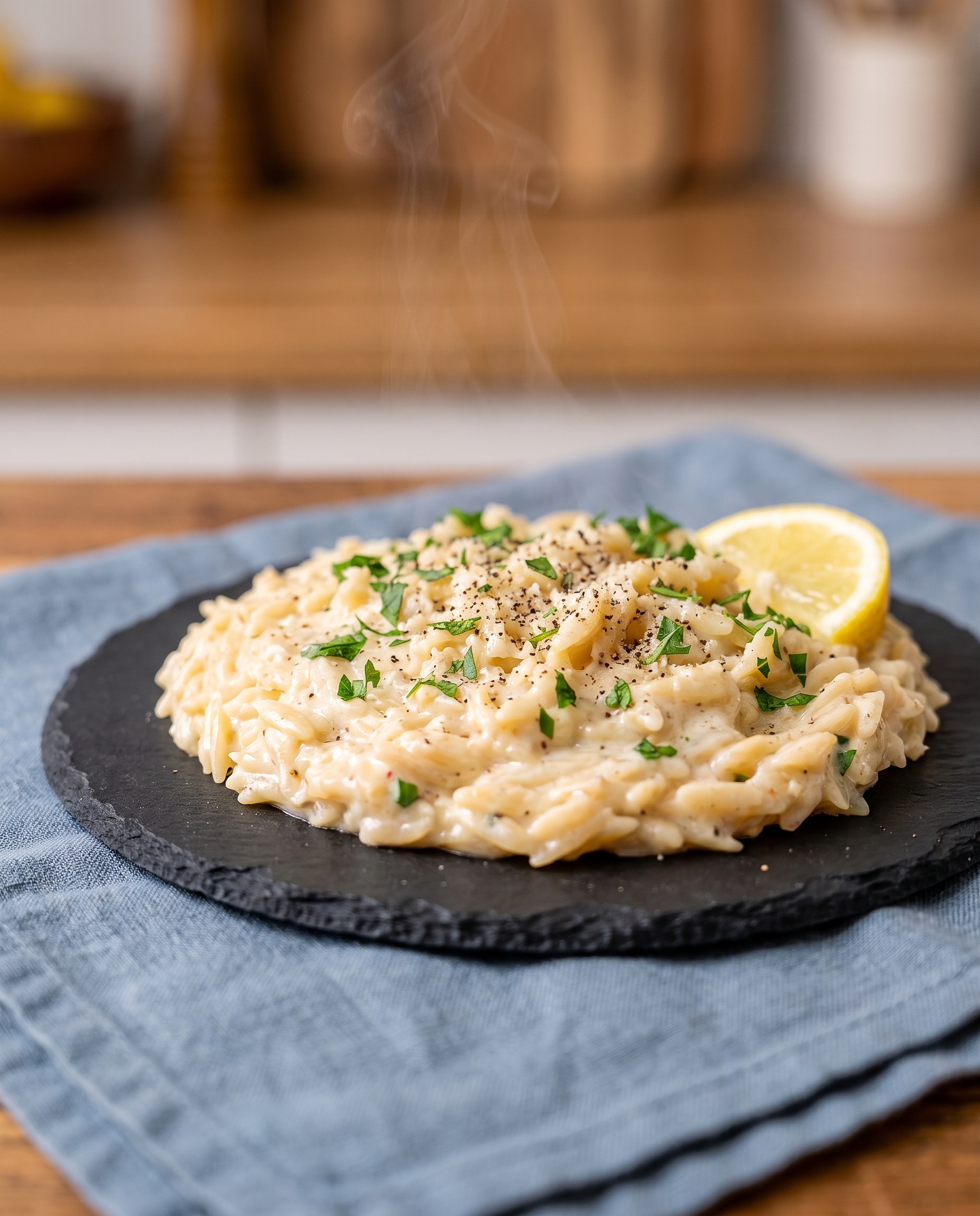 Creamy garlic parmesan orzo served on a dark plate with a lemon wedge