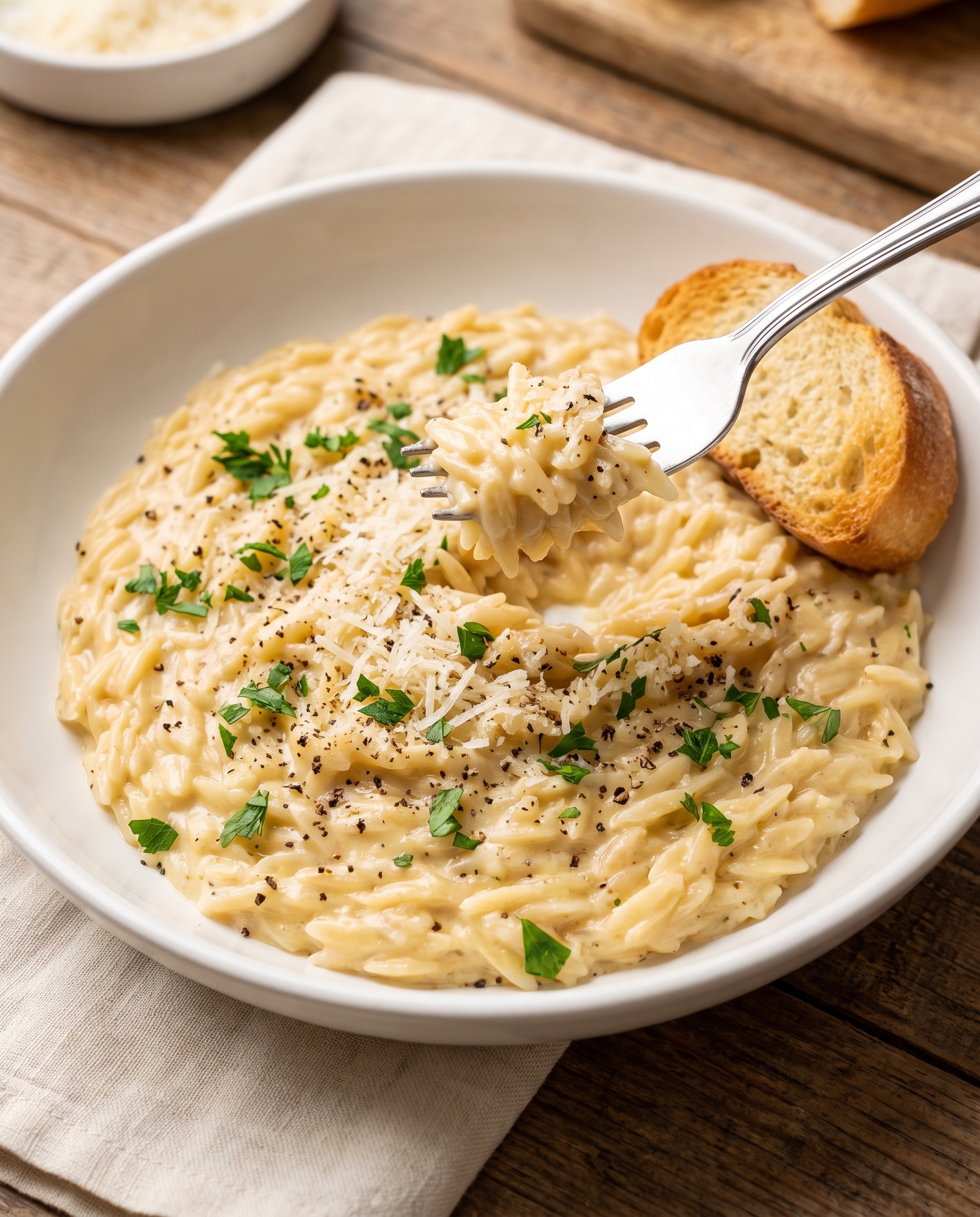 Creamy garlic parmesan orzo with bread on the side