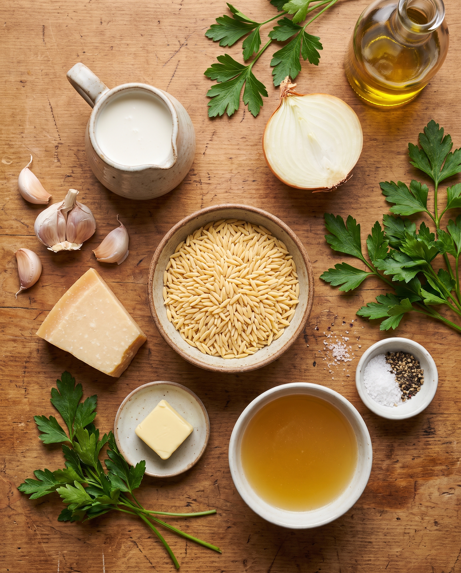Ingredients for creamy garlic parmesan orzo