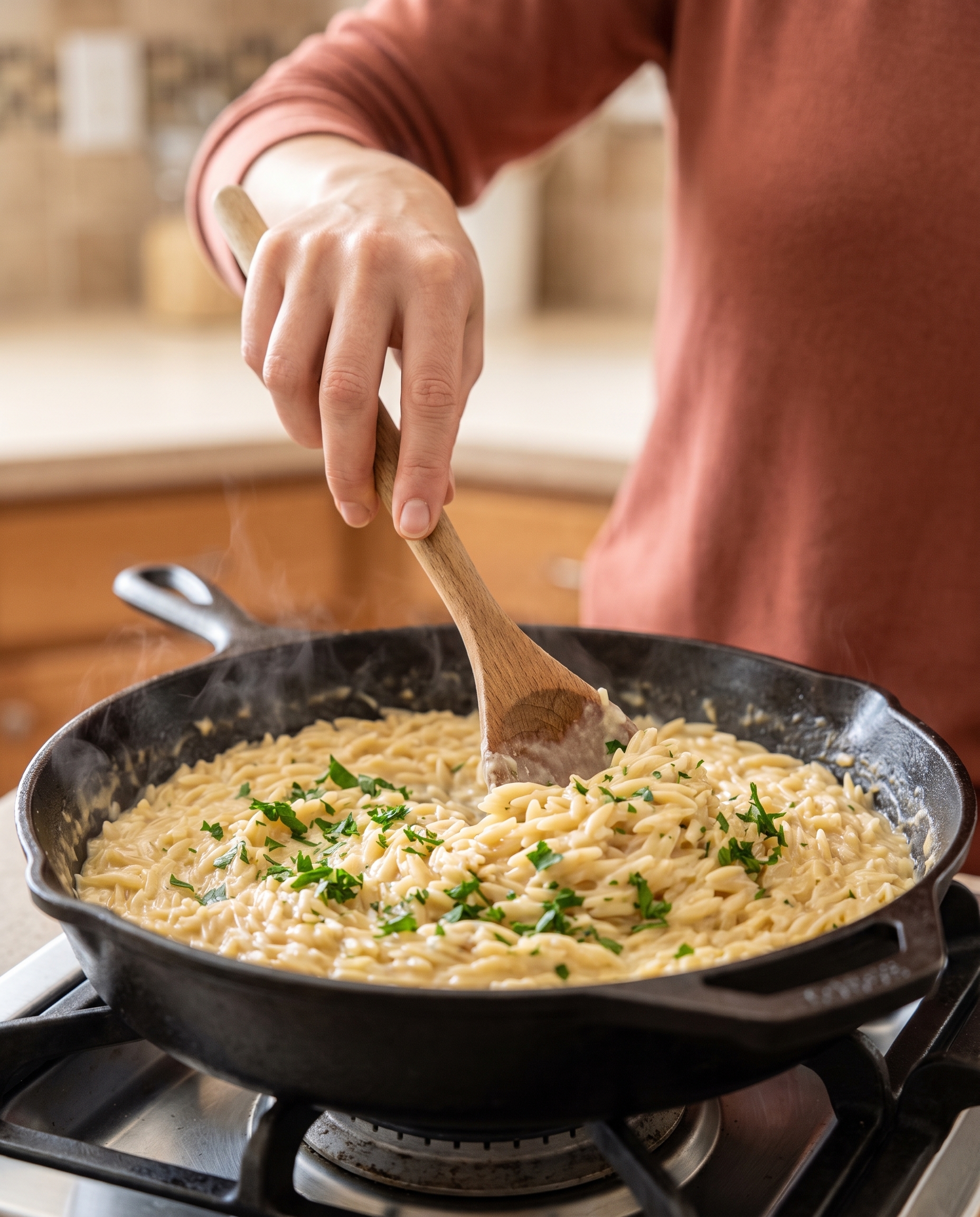 Stirring creamy garlic parmesan orzo in a skillet