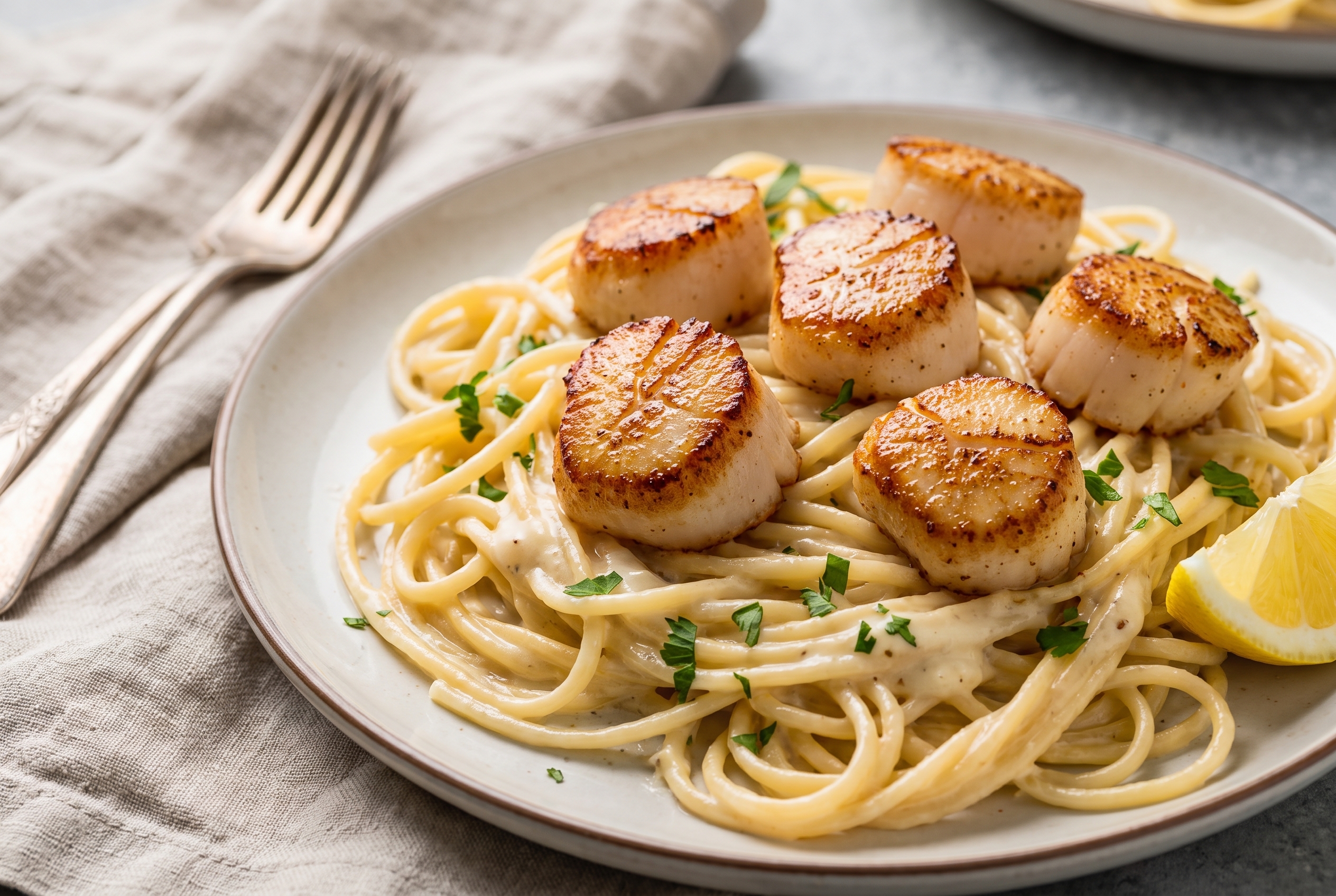 Creamy garlic scallop pasta on a ceramic plate