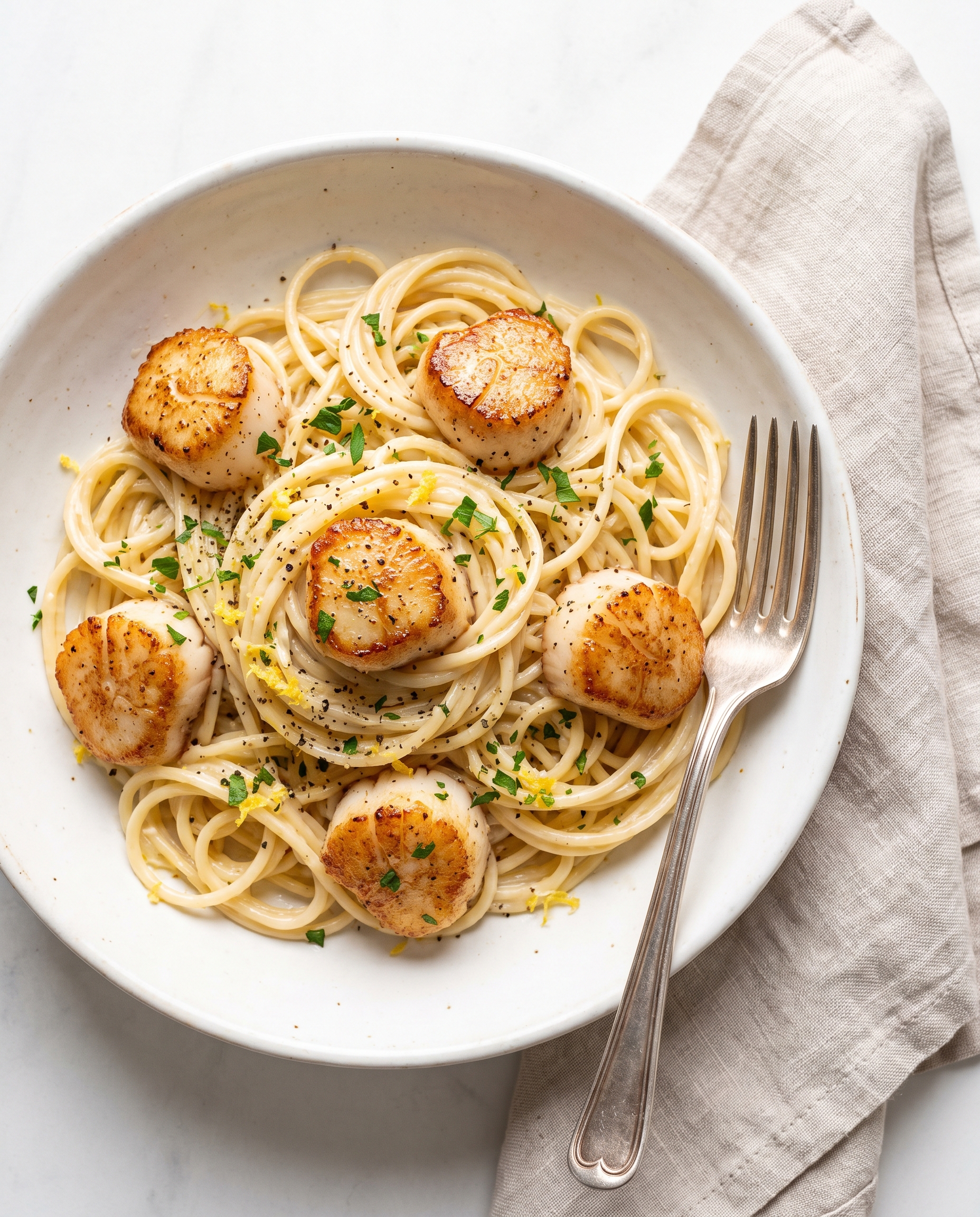 Overhead view of creamy garlic scallop pasta bowl