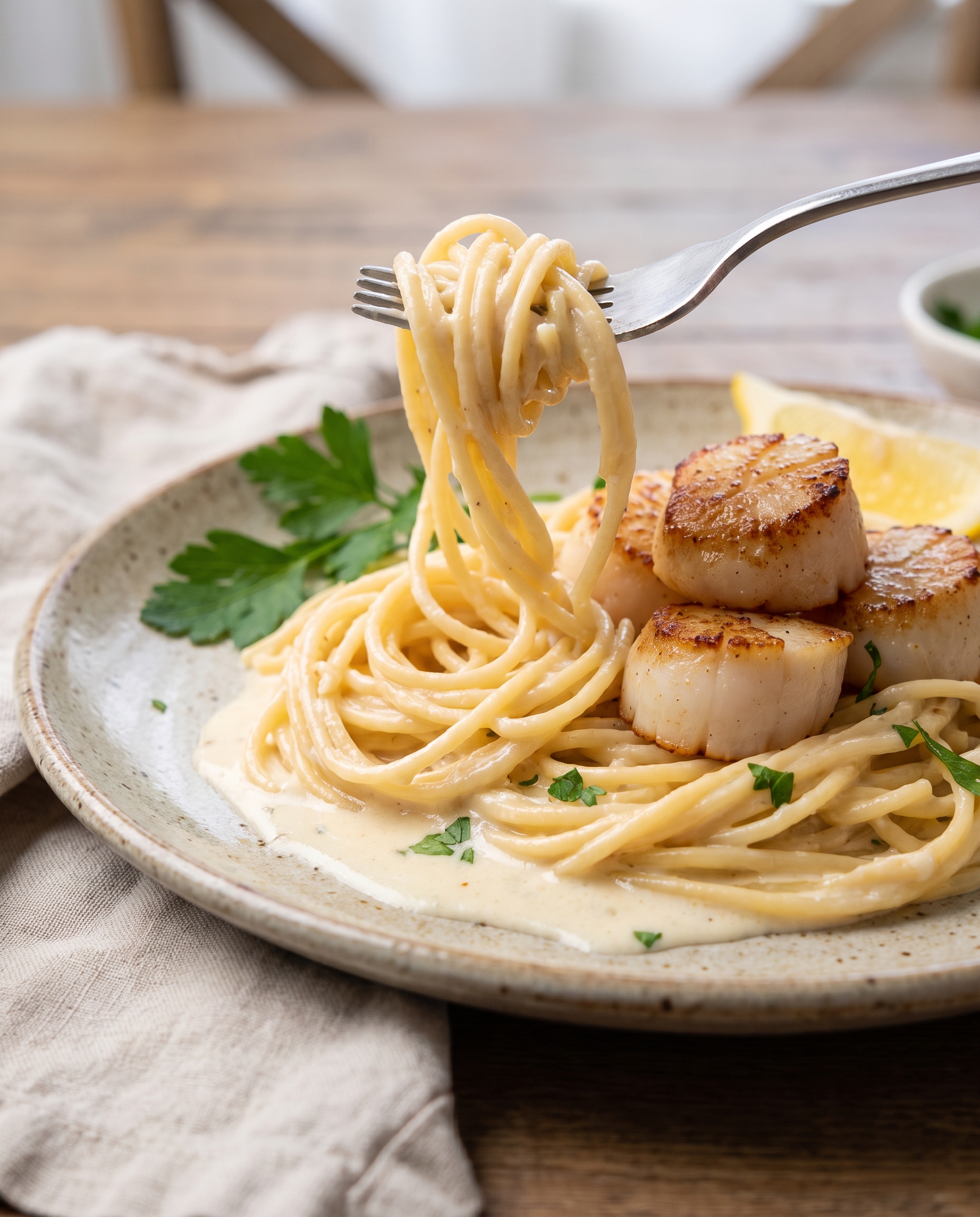 Side view of creamy garlic scallop pasta on a rustic plate