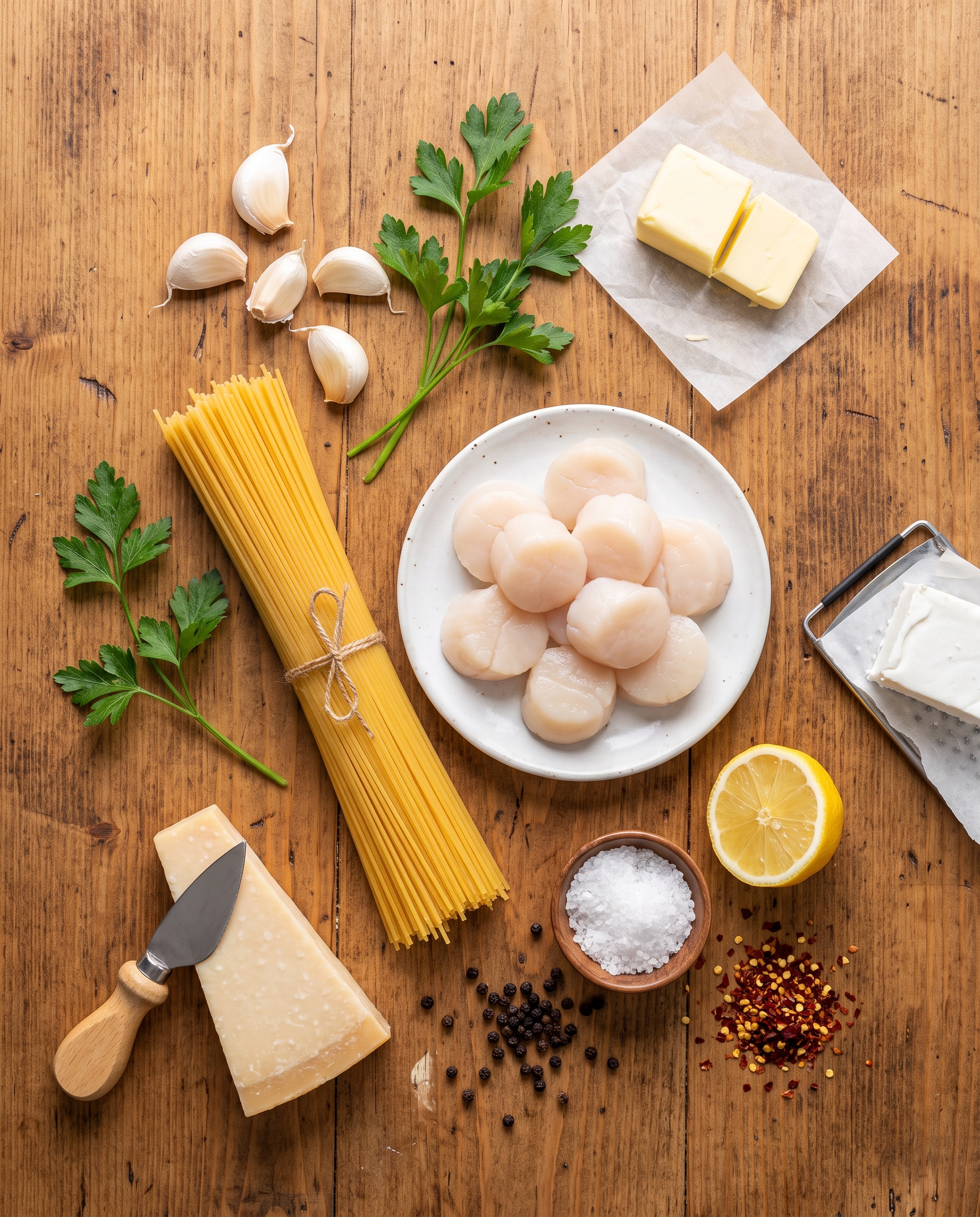 Ingredients for creamy garlic scallop pasta on a wooden table