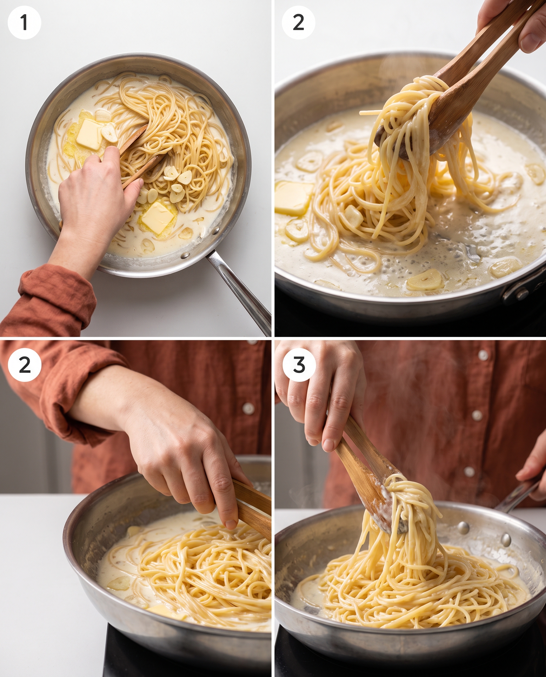Tossing pasta in garlic cream sauce
